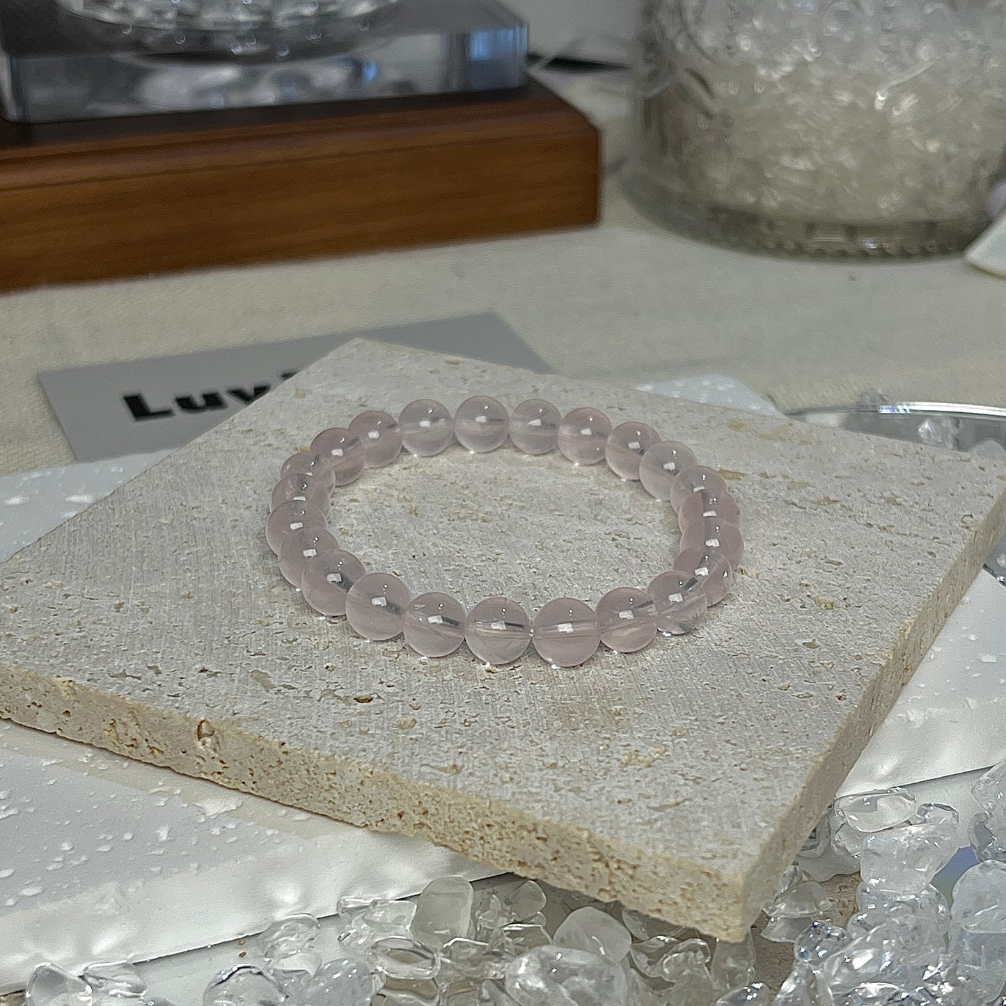 Elegant Twilight Blossom Bracelet featuring 7mm Rose Quartz beads for nurturing and emotional balance by LuvEcho Jewelry