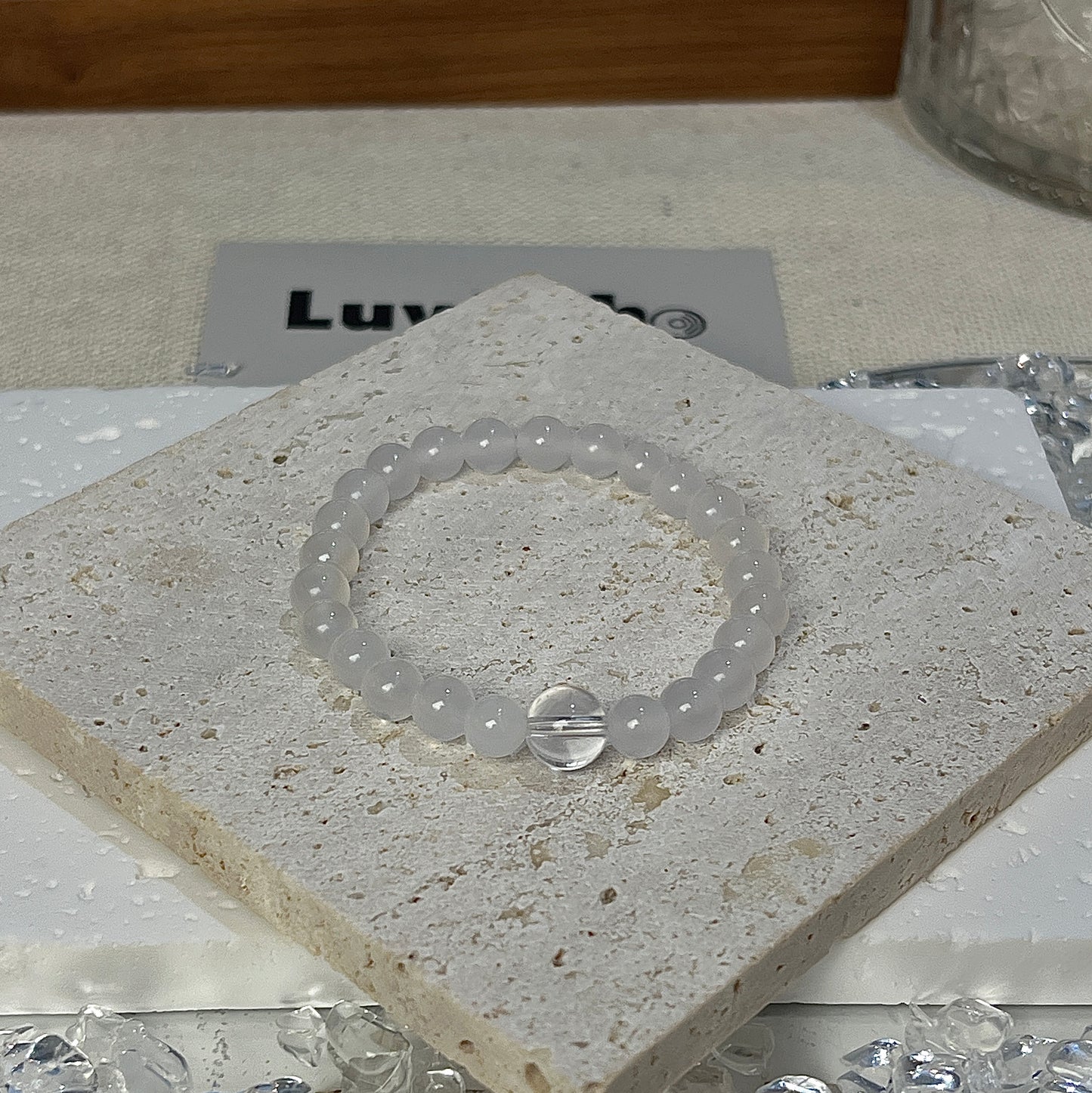 Bracelet with 6mm White Agate and 8mm Crystal Quartz for emotional balance and clarity