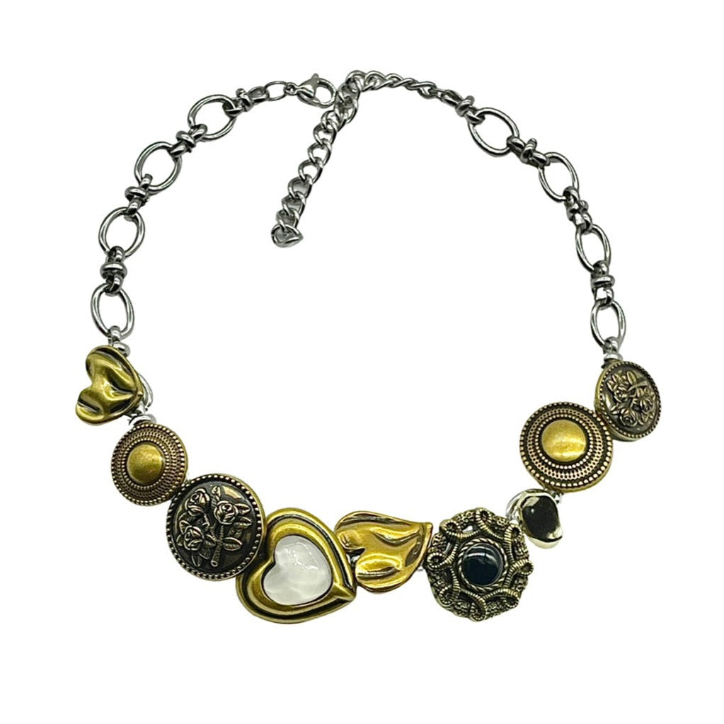 Cora Punk Vintage Brass Button Clavicle Chain Necklace with Model Wearing the Necklace - Luv Echo Jewelry