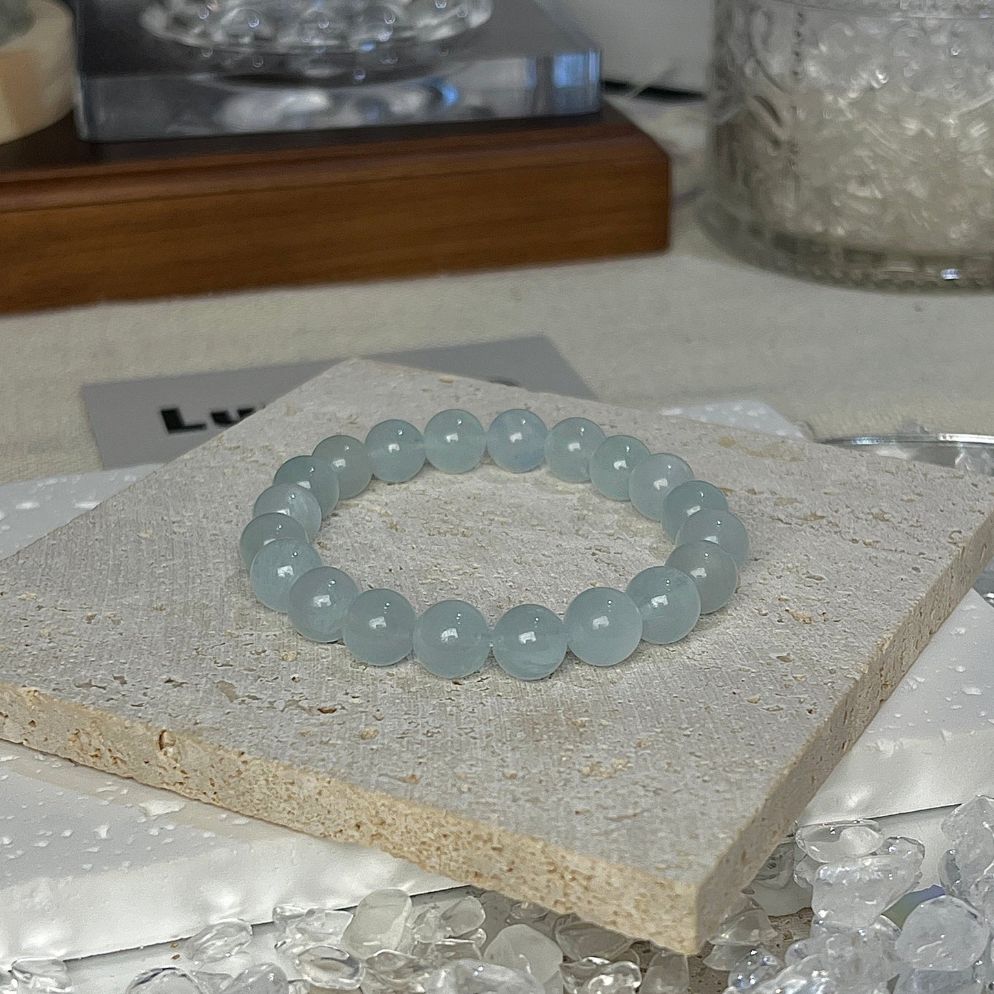 LuvEcho Jewelry's Ocean Breeze Bracelet made with Aquamarine beads promoting emotional balance