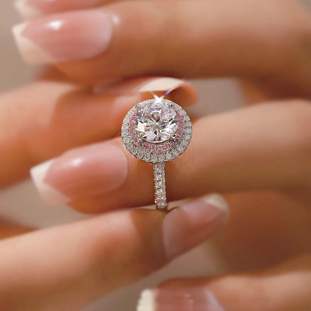 Close-up of the Annie Ring, an elegant halo diamond ring from LuvEcho Jewelry, showcasing a brilliant center stone surrounded by sparkling accent 2 Carat diamonds