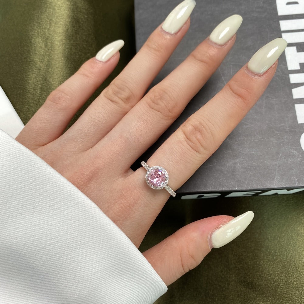 Model Wearing Dulce Ring with Round Pink Diamond and Mini Zircons - LuvEcho Jewelry