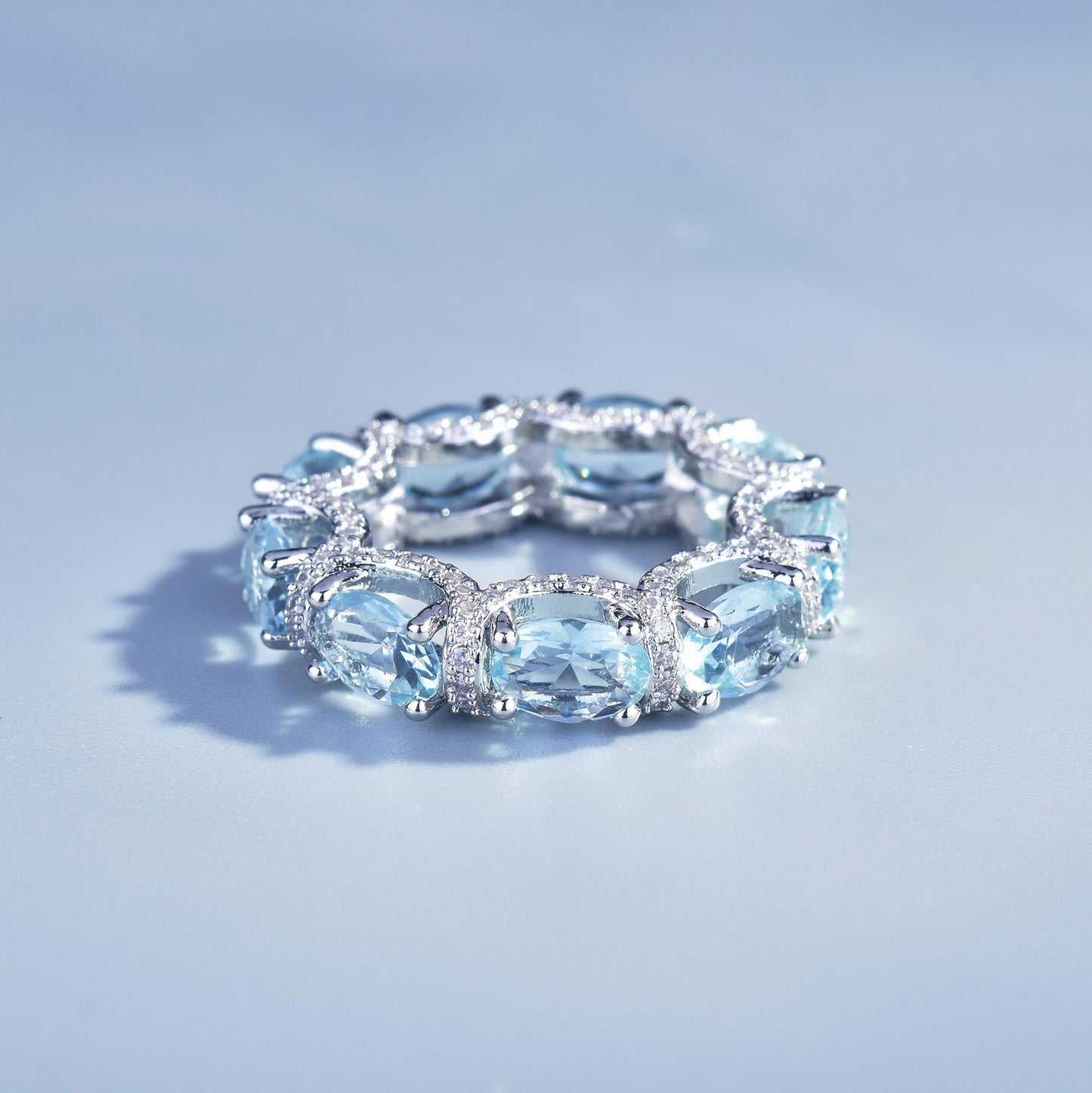 Close-up View of Elsa Blue Band Ring Featuring Aquamarine Gemstone - LuvEcho Jewelry