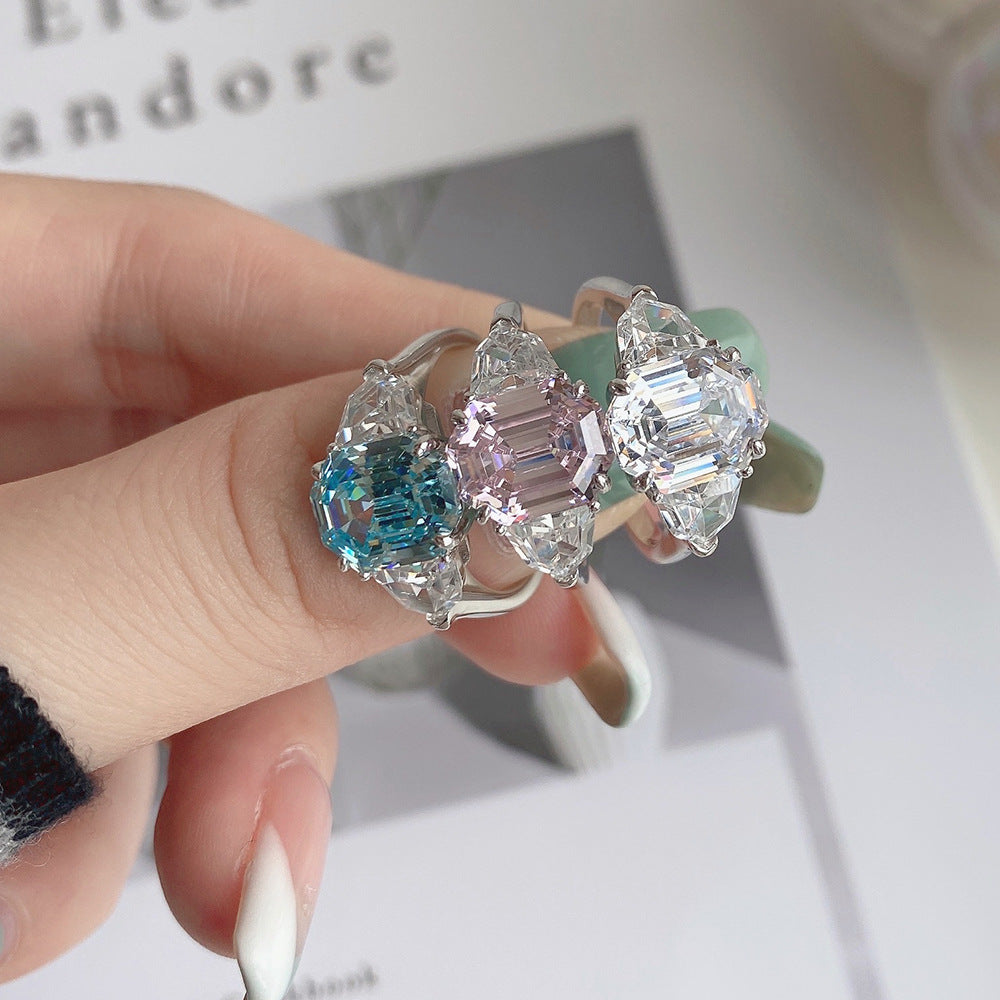 Close-Up of Blue, Pink, and White Square Gemstones on Hanna Ring - Dazzling Sparkle