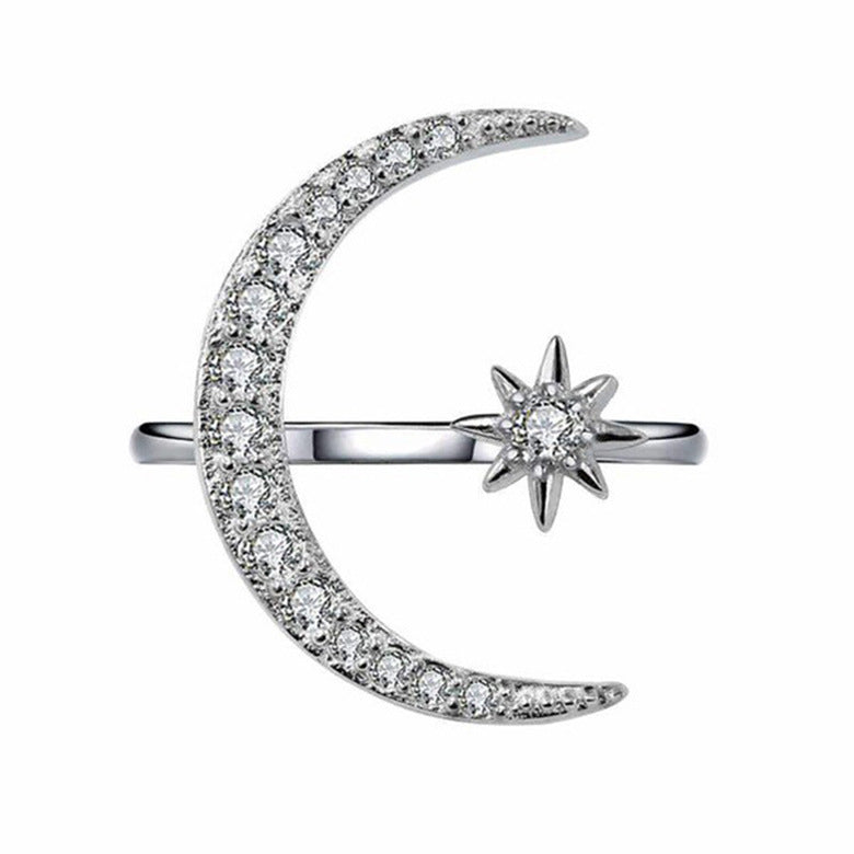 Luna Ring - Silver Celestial Crescent Moon and Stars Open Ring - LuvEcho Jewelry