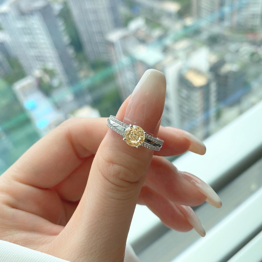 Close-Up of Nature-Inspired Design, Center Diamond, and 925 Silver Band on Aspen Ring - Serene Elegance with Yellow Diamond - LuvEcho Jewelry