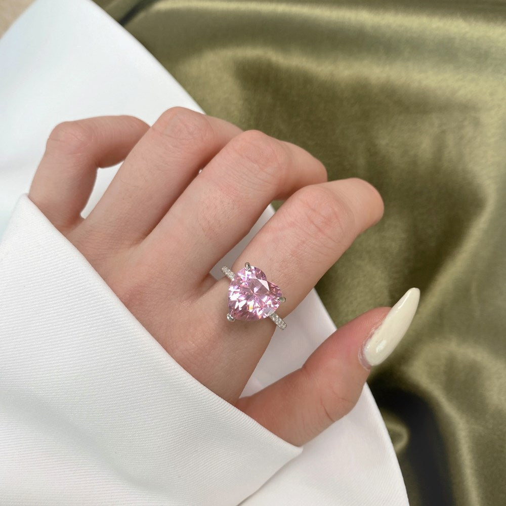 Close-Up of Stunning Pink Heart-Shaped Gemstone on Rosalyn Ring - Sparkling Beauty - LuvEcho Jewelry