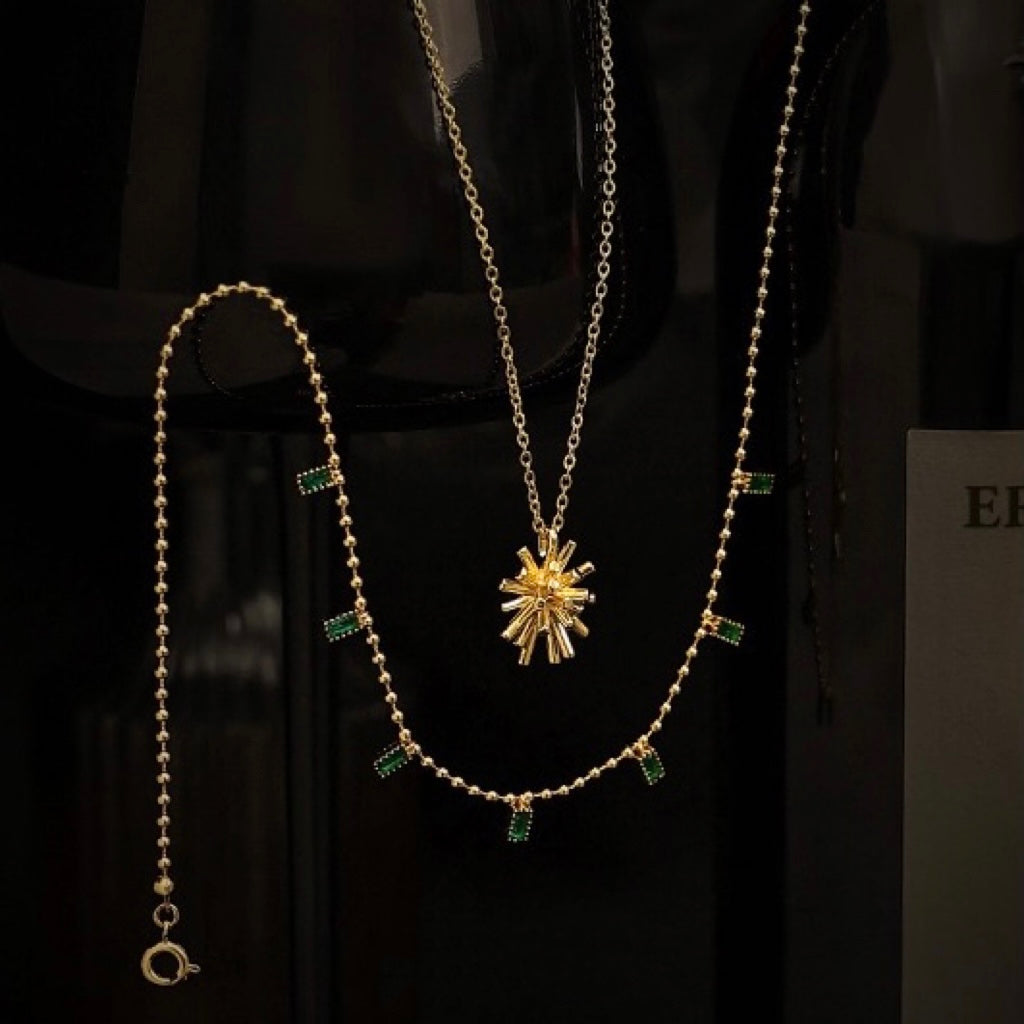 Side View of Adele Retro Delicate Ball Chain Emerald Square Zircon Necklace - Craftsmanship and Elegance