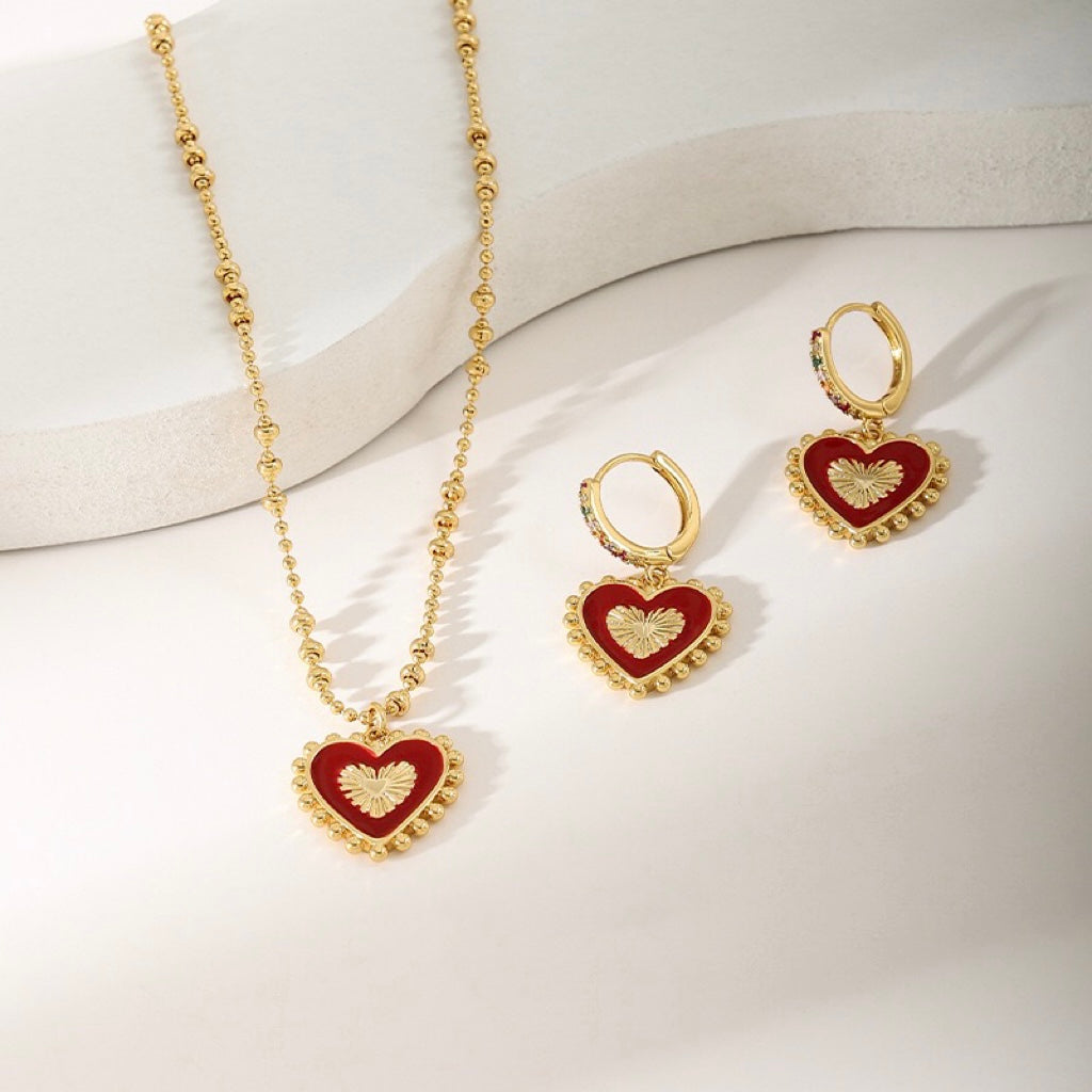 Detailed Close-Up of Amelia Double-Sided Red and Black Drip Oil Love Heart Earrings and Necklace Jewelry Set