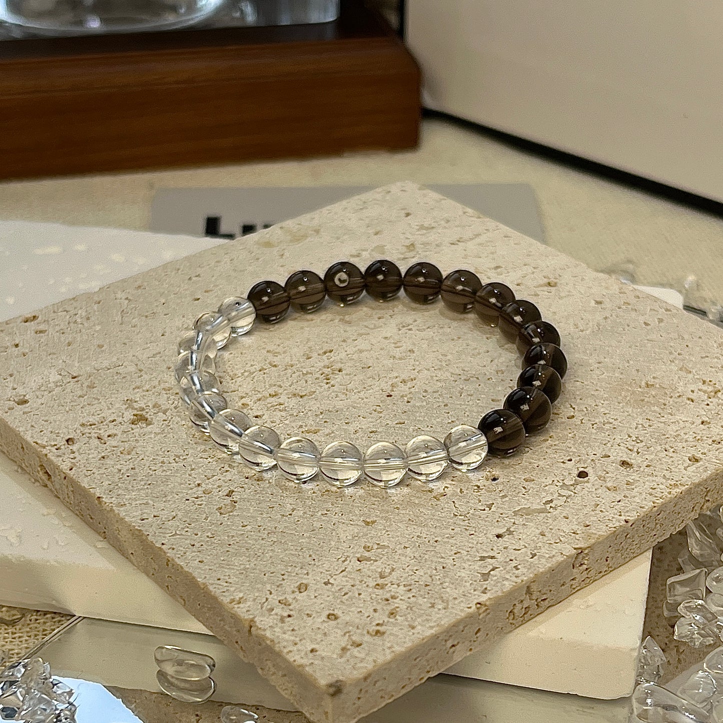 LuvEcho Jewelry Balanced Clarity Bracelet featuring 6mm Smoky Quartz and Crystal Quartz beads, designed for grounding and mental clarity