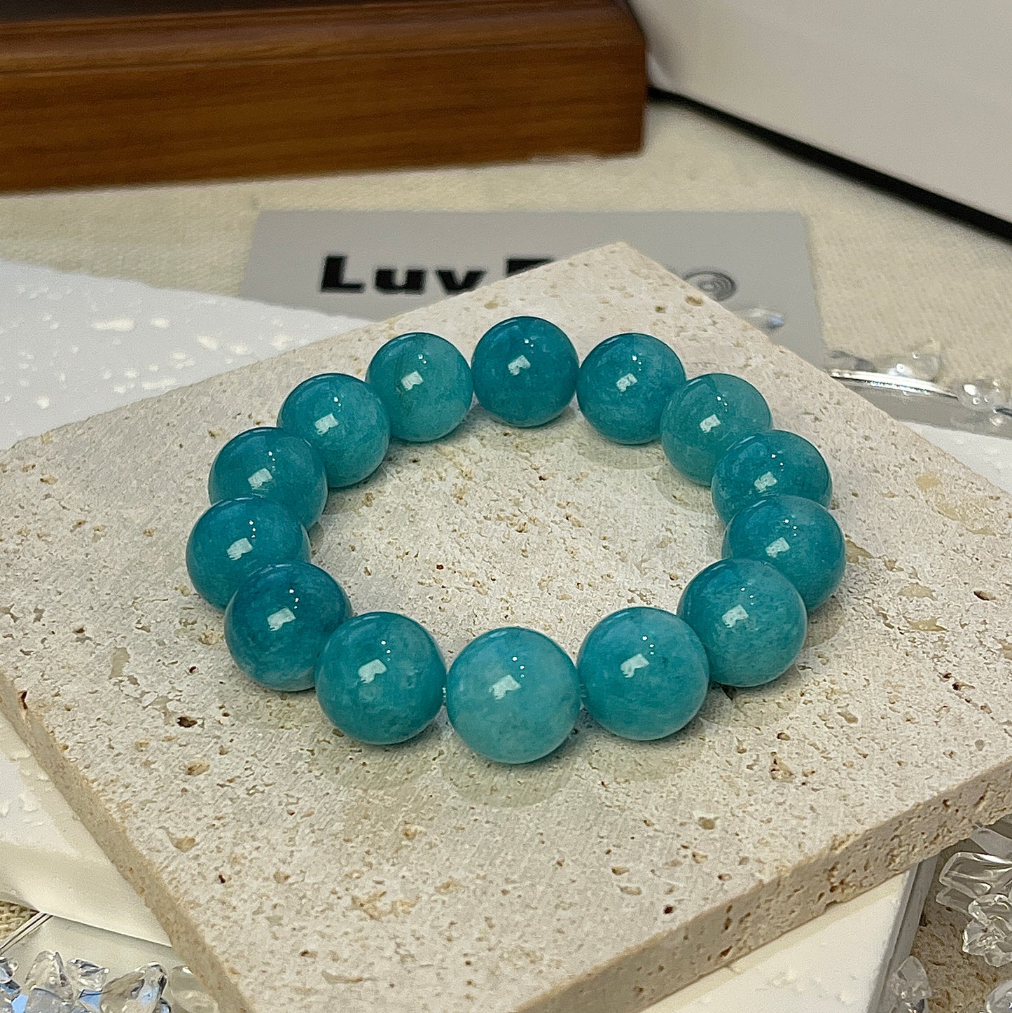 LuvEcho Jewelry Calm Reflection Bracelet featuring 12mm Amazonite beads for emotional balance, clear communication, and inner peace