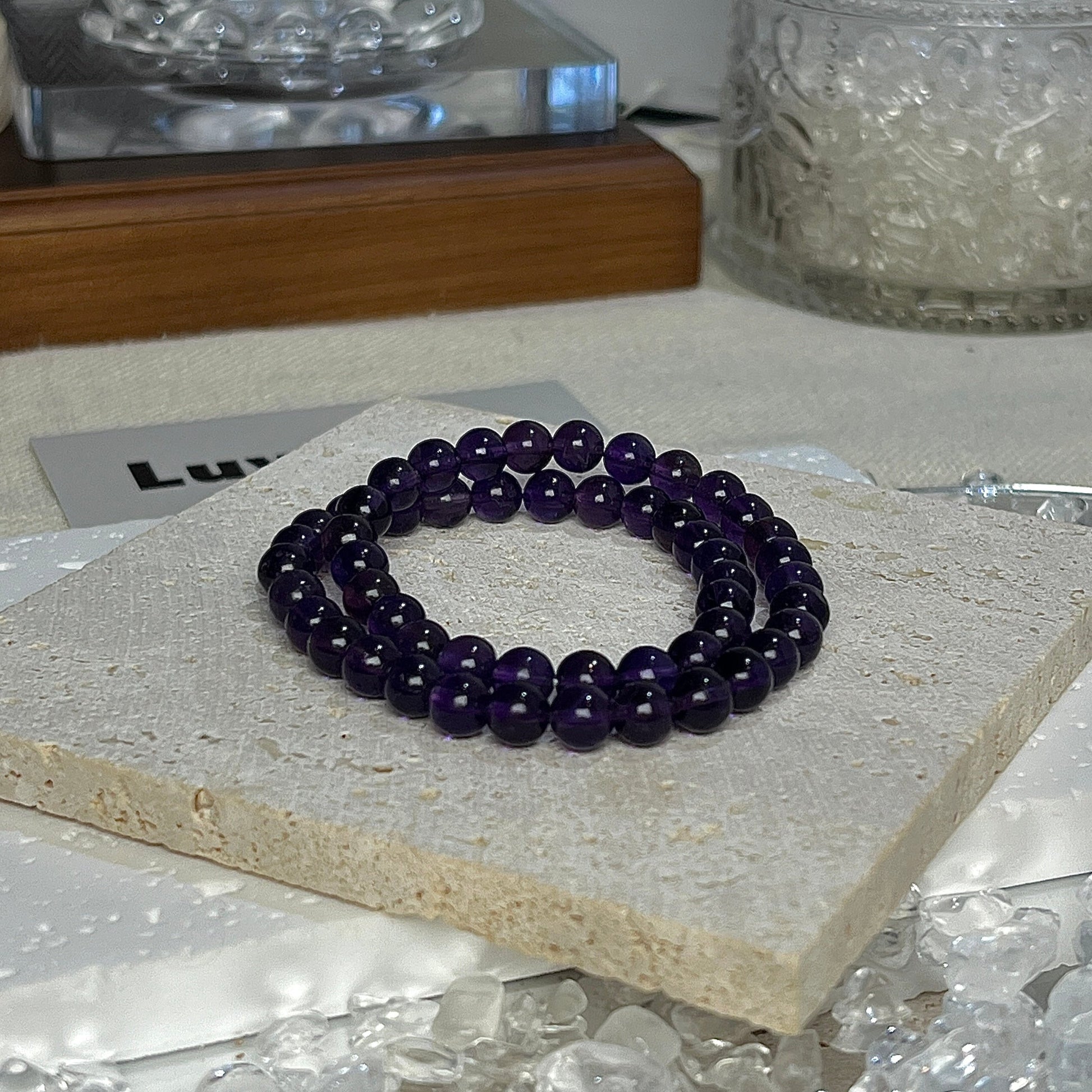 Calming Spirit Double-Wrap Bracelet by LuvEcho Jewelry, featuring 6mm Amethyst beads designed to offer emotional balance, stress relief, and spiritual clarity.