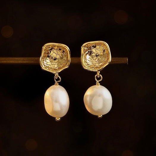 Close-Up of Baroque Pearls on Carmen Retro-Style Earrings - Lustrous and Elegant