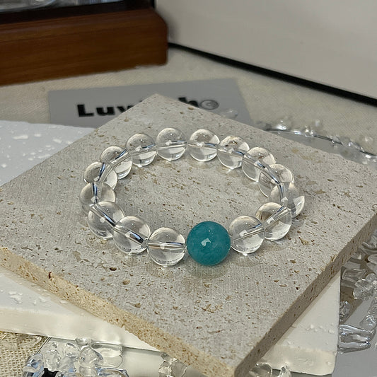 LuvEcho Jewelry Clear Harmony Bracelet featuring 12mm Crystal Quartz beads with a central Amazonite bead, promoting clarity and emotional balance