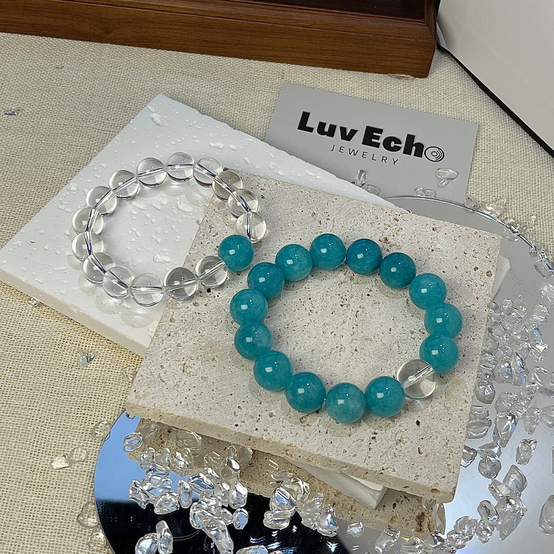 LuvEcho Jewelry Clear Harmony Set of 12mm Crystal Quartz and Amazonite bracelets, designed for mental clarity, emotional balance, and grounding energy