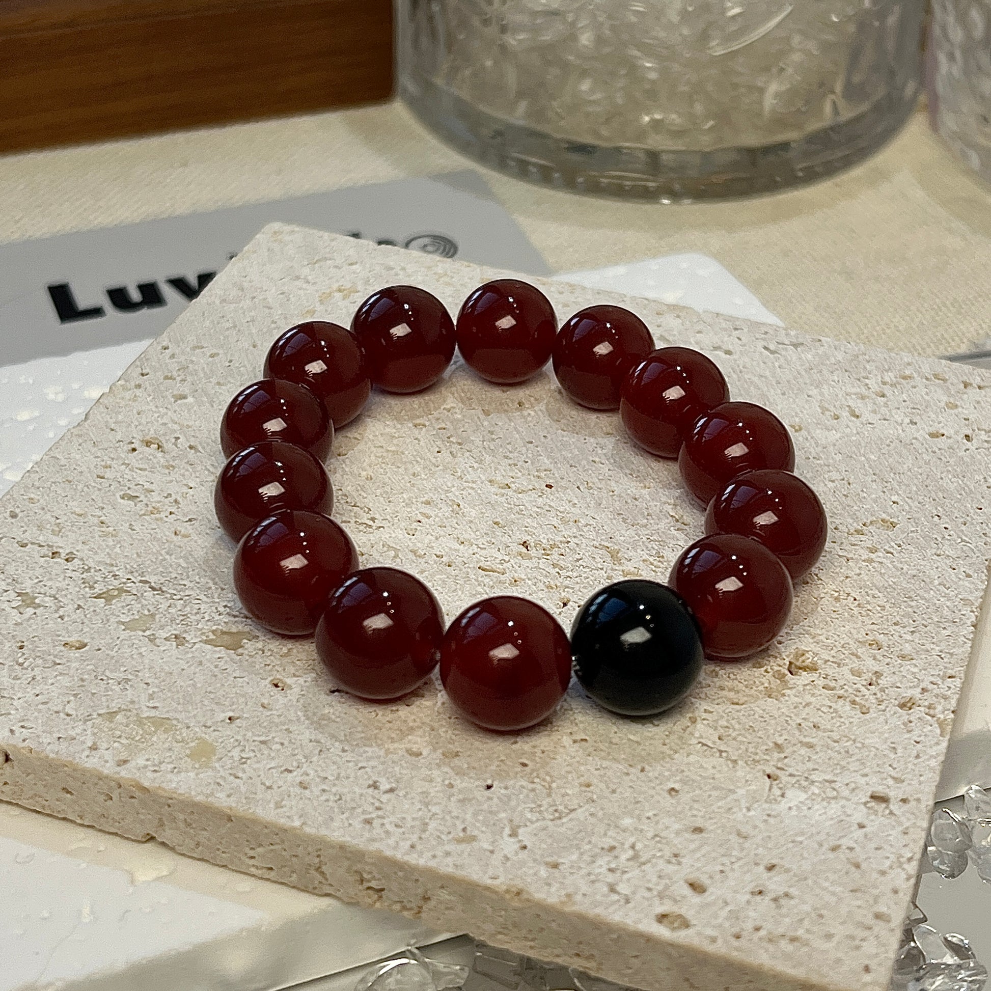 LuvEcho Jewelry Courage and Protection Bracelet featuring 12mm Red Agate beads with a central Obsidian bead, combining confidence and protection