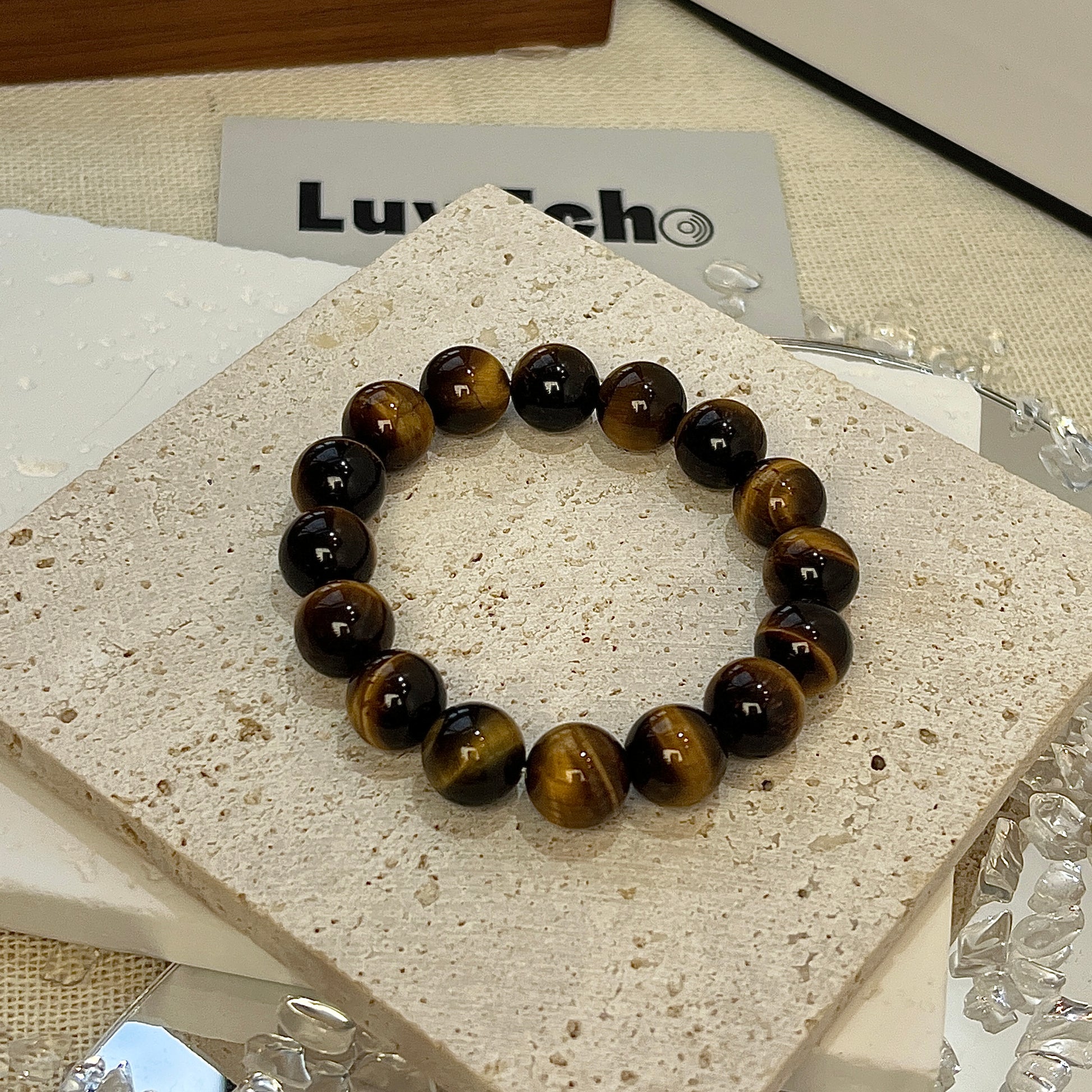 LuvEcho Jewelry Courageous Spirit Bracelet featuring 10mm Tiger Eye beads, designed to boost confidence, focus, and resilience