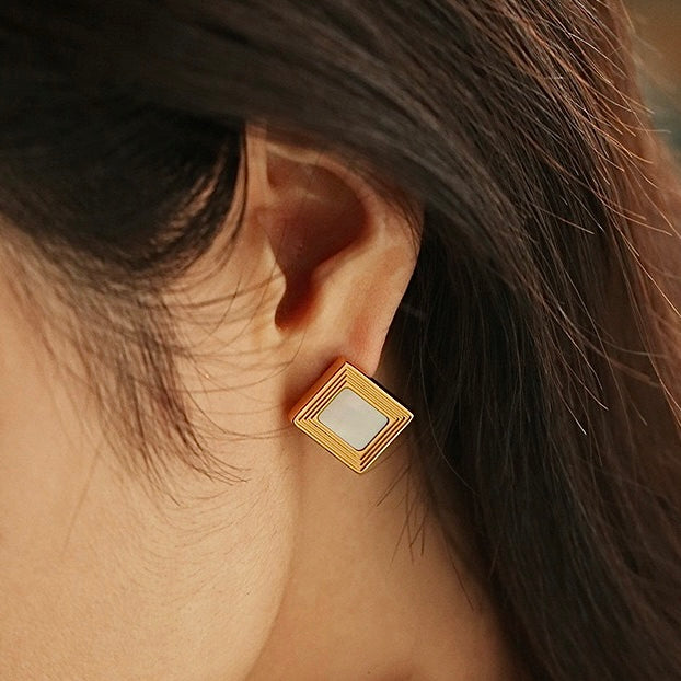 Elegant Look with Diana LuvEcho Shell Inlaid Line Texture Earrings - Oceanic Elegance - LuvEcho Jewelry