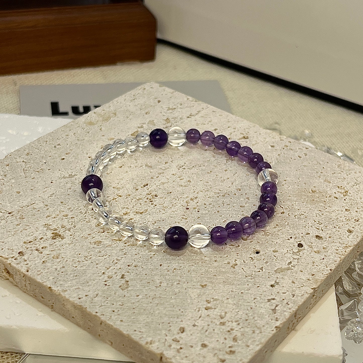 LuvEcho Jewelry’s Divine Insight Bracelet with Amethyst and Crystal Quartz beads for clarity and intuition