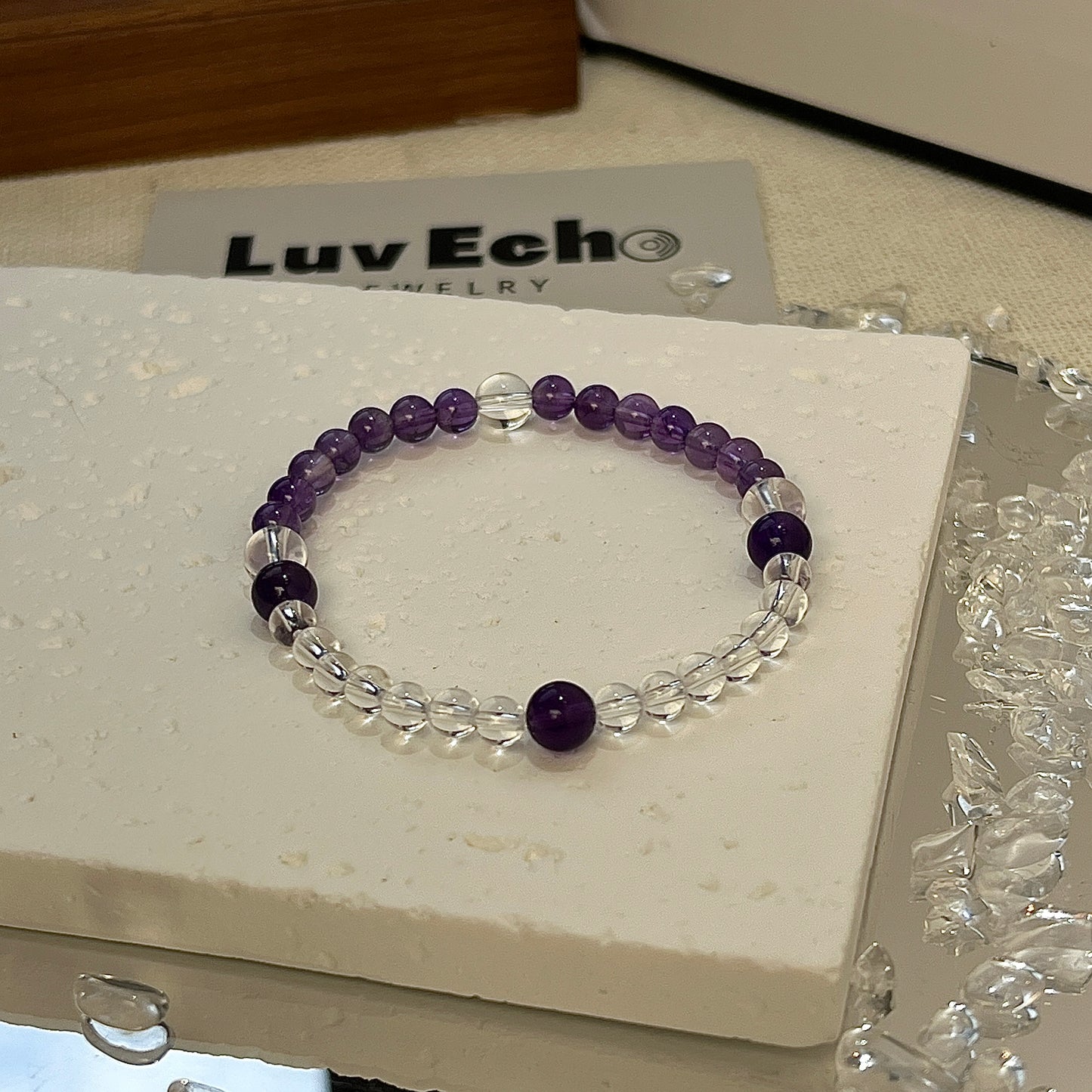 Divine Insight Bracelet featuring 4mm-6mm Amethyst and Crystal Quartz beads for spiritual clarity