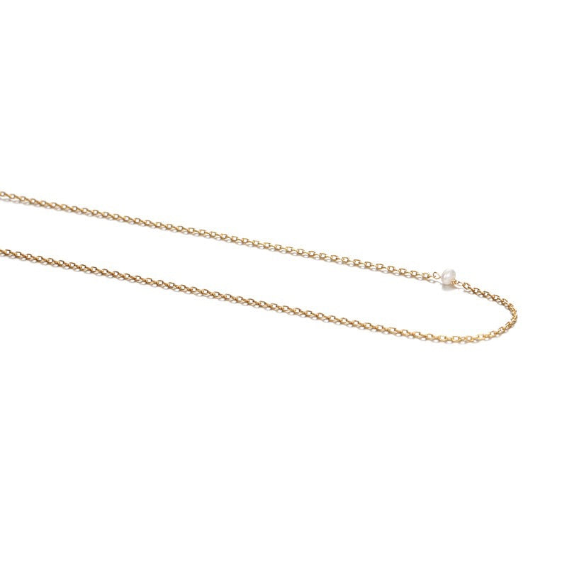 Elisa Exquisite Natural Pearl Beaded Necklace - Single Pearl on Thin Gold Chain, Front View