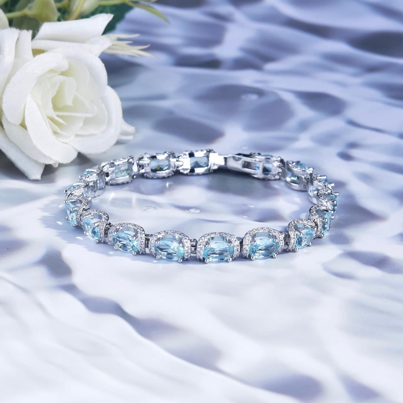 Detailed Shot of Elsa Bracelet Adorned with Blue Aquamarine Gemstones - LuvEcho Jewelry