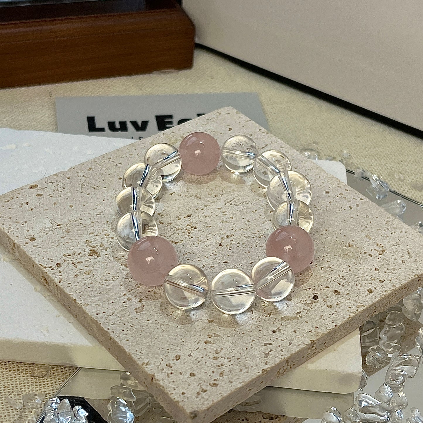 13mm Rose Quartz and Crystal Quartz bracelet for love and clarity, offering emotional healing and a balanced heart chakra from LuvEcho Jewelry