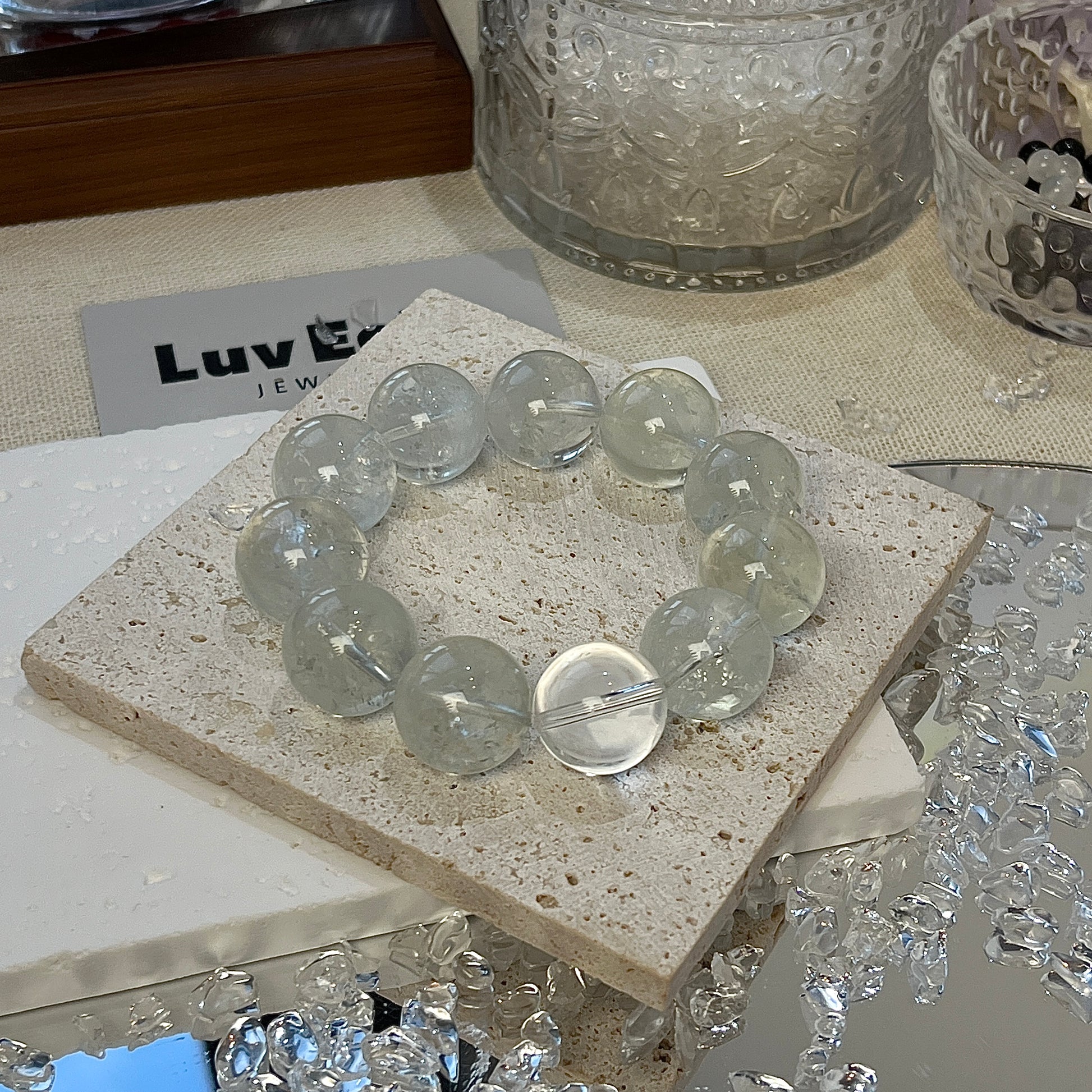 LuvEcho Jewelry bracelet featuring 17mm Green Azeztulite beads and a 17mm Crystal Quartz for spiritual awakening and higher consciousness