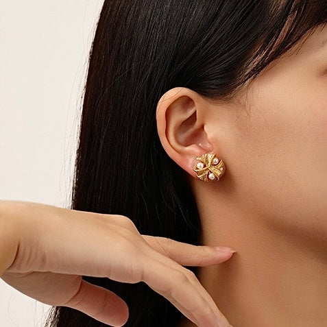 Model Showcasing the Elegant Hailey Retro Style Flower Pearl Zircon Earrings by LuvEcho Jewelry