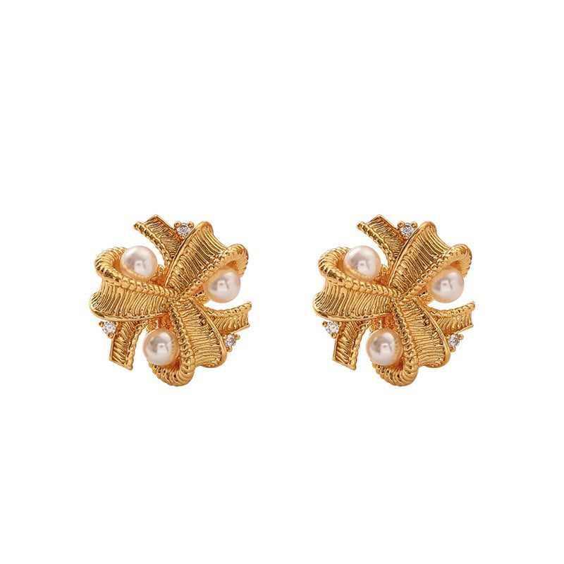 Front View of Hailey Retro Style Flower Pearl Zircon Earrings by LuvEcho Jewelry