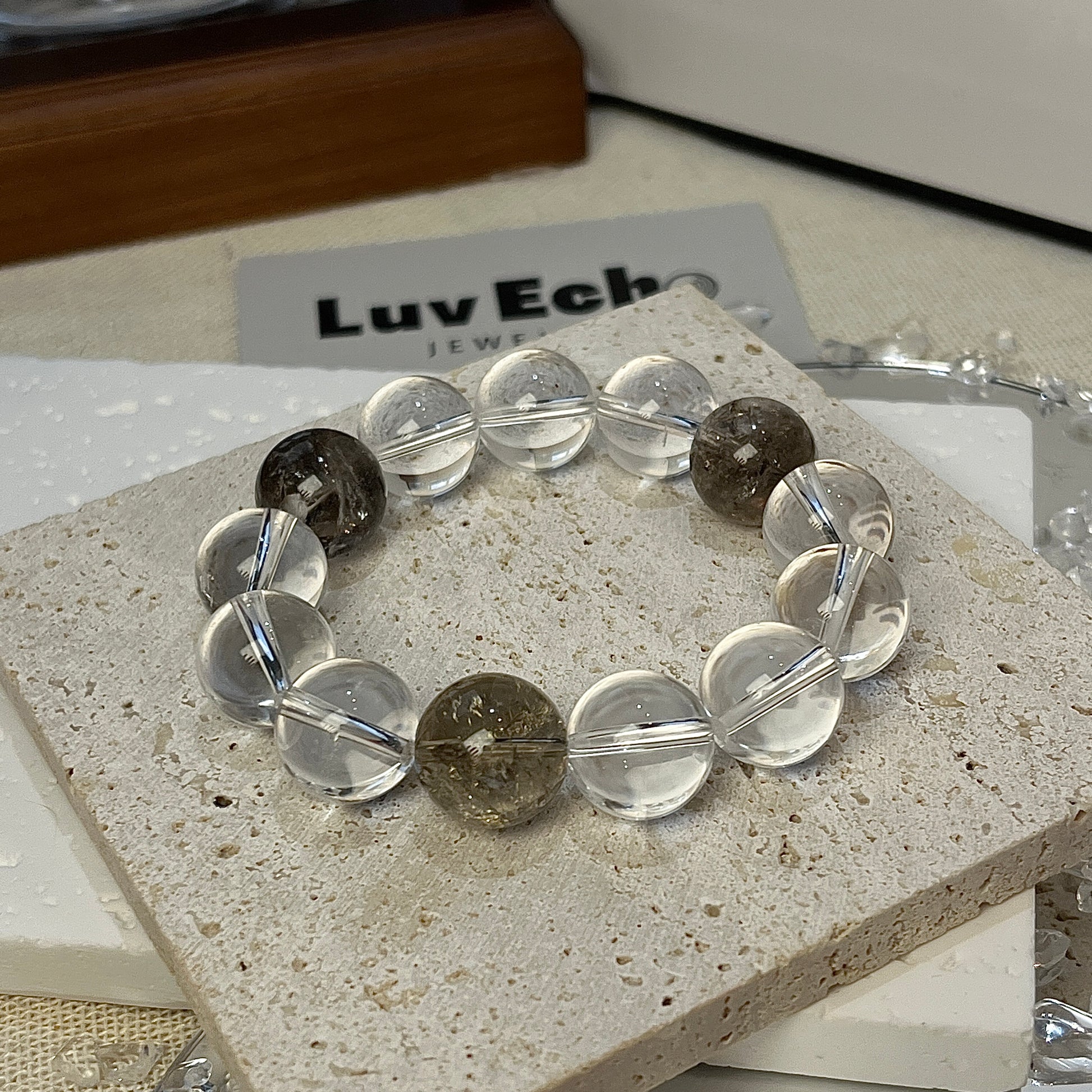 Smoky Azeztulite and Crystal Quartz bracelet from LuvEcho Jewelry – Harmonized Balance design, 14mm.