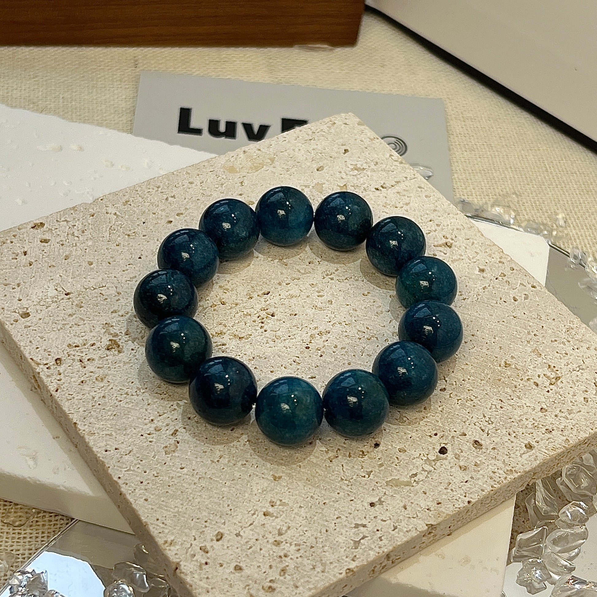 LuvEcho Jewelry Inspiration Wave Bracelet featuring 12mm Blue Apatite beads for enhanced creativity, communication, and motivation