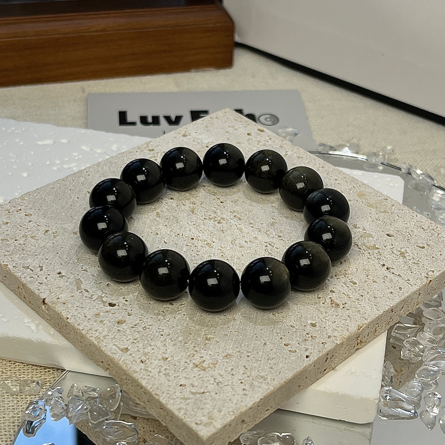 LuvEcho Jewelry Luminous Empowerment Bracelet featuring 12mm Golden Sheen Obsidian beads, known for their protective and empowering qualities