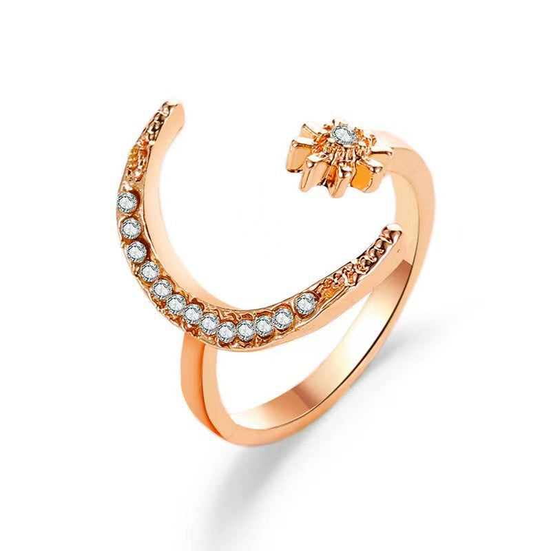 Luna Ring - Rose Gold Celestial Crescent Moon and Stars Open Ring - LuvEcho Jewelry