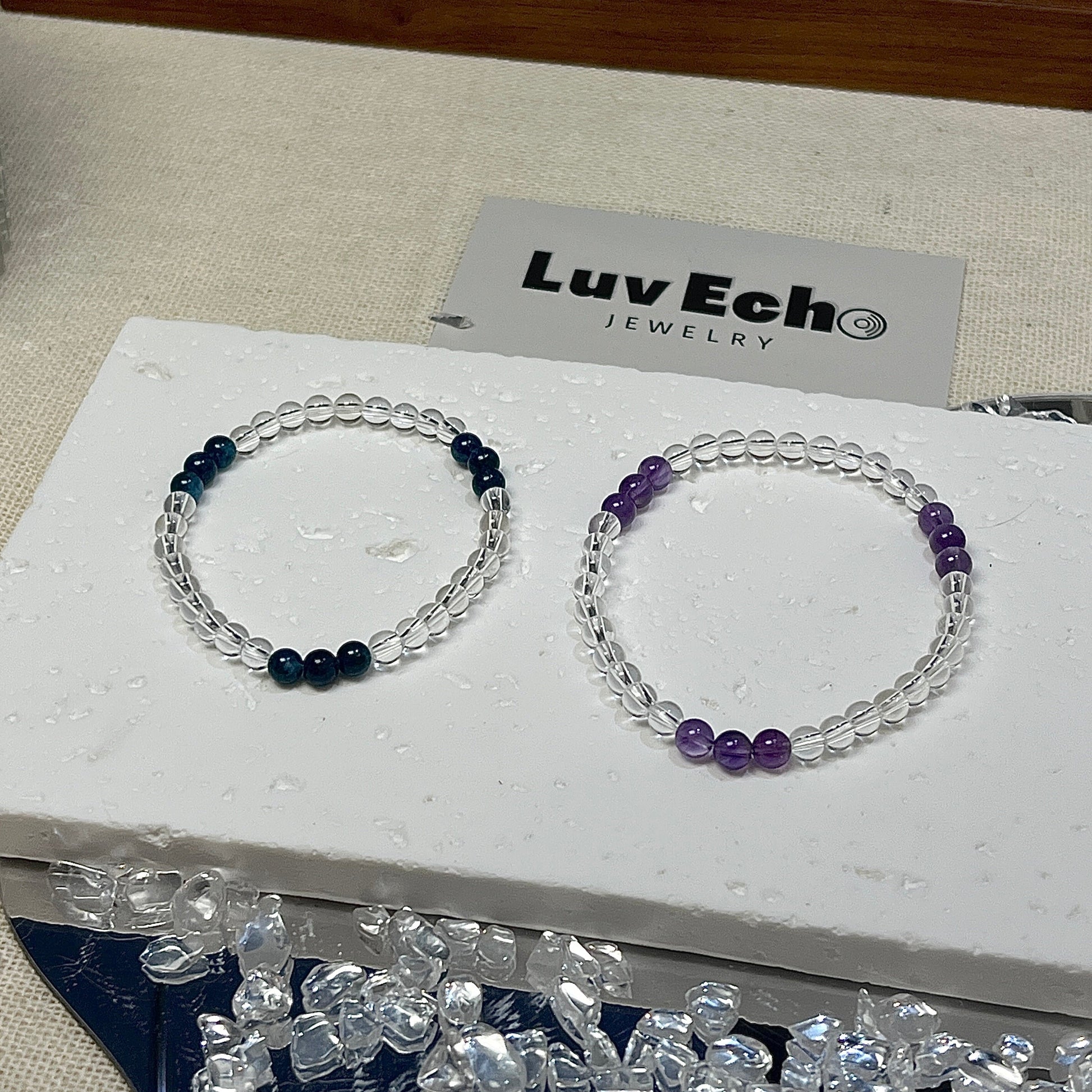 LuvEcho Jewelry set of bracelets for focus and clarity, featuring Blue Apatite with Crystal Quartz and Amethyst with Crystal Quartz beads