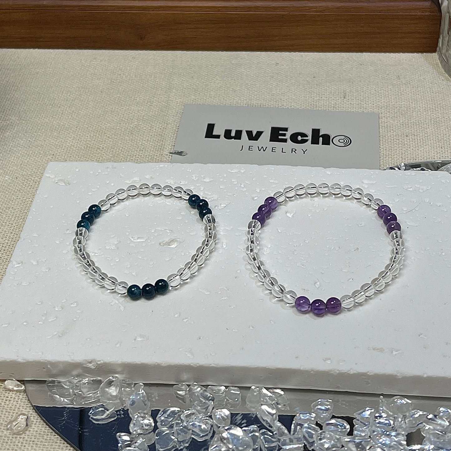 LuvEcho Jewelry set of bracelets for focus and clarity, featuring Blue Apatite with Crystal Quartz and Amethyst with Crystal Quartz beads