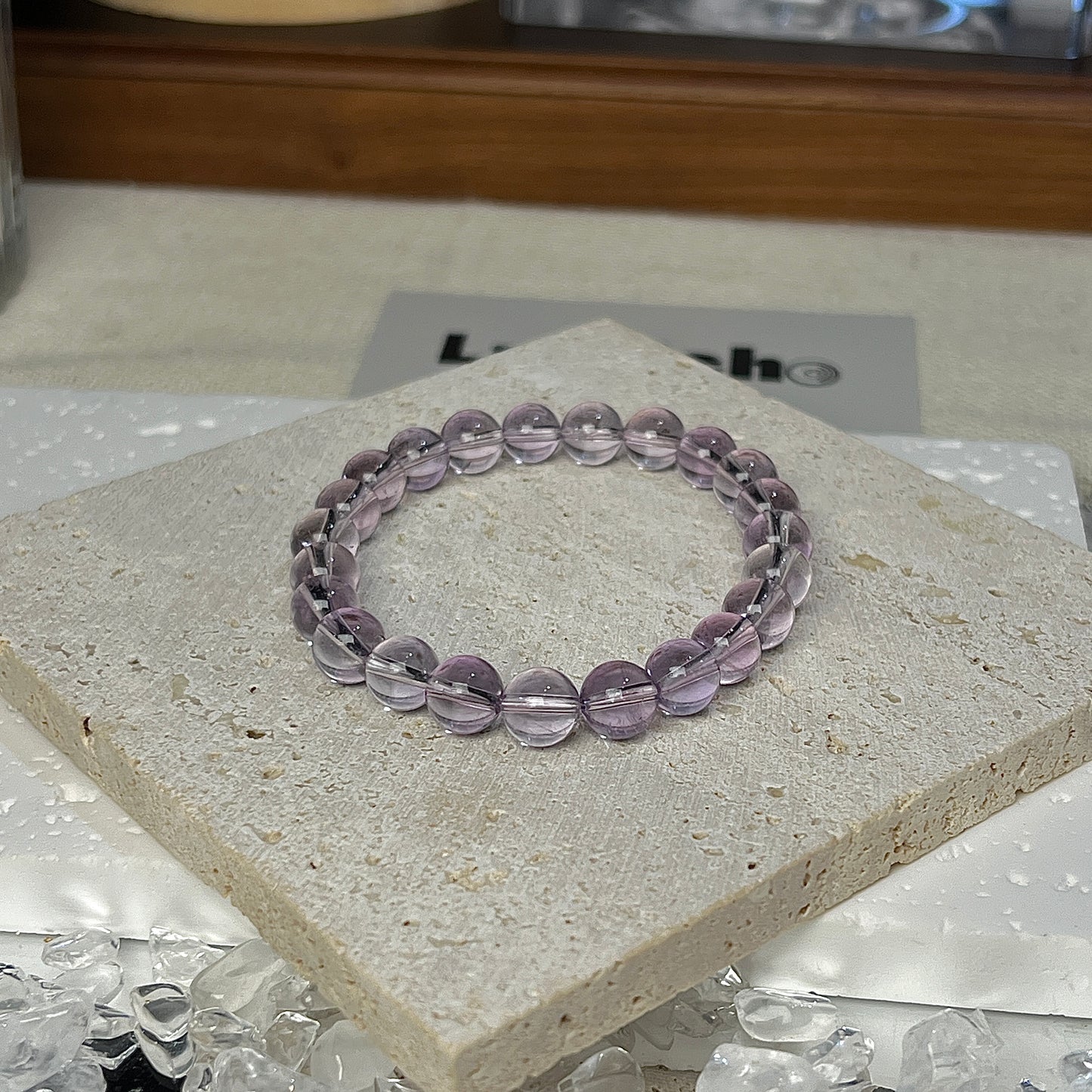 Blissful Spirit Bracelet from LuvEcho Jewelry, showcasing the 7mm Bolivia Amethyst beads' soothing color.