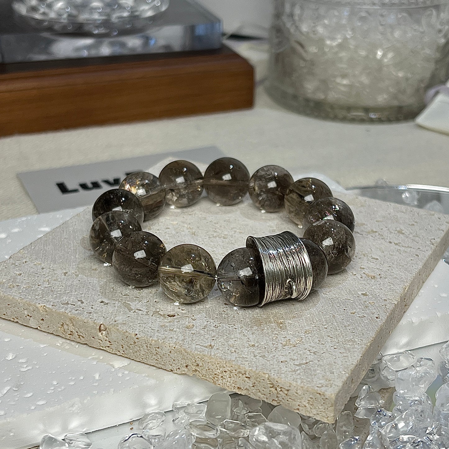 LuvEcho Jewelry Retro Strength Bracelet with 14mm Smoky Azeztulite and 925 sterling silver accent ring for grounding and intuition.