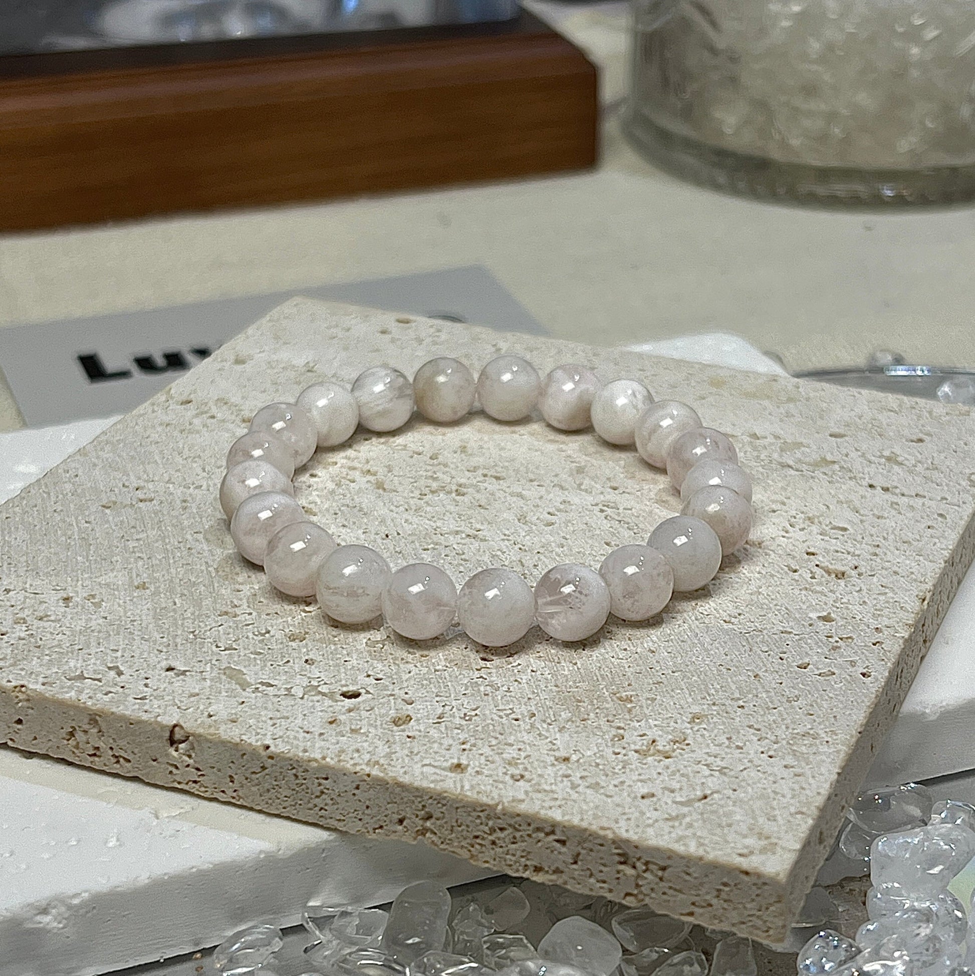 7mm pinkish Snowflake Phantom Quartz bracelet promoting calm energy and focus by LuvEcho Jewelry