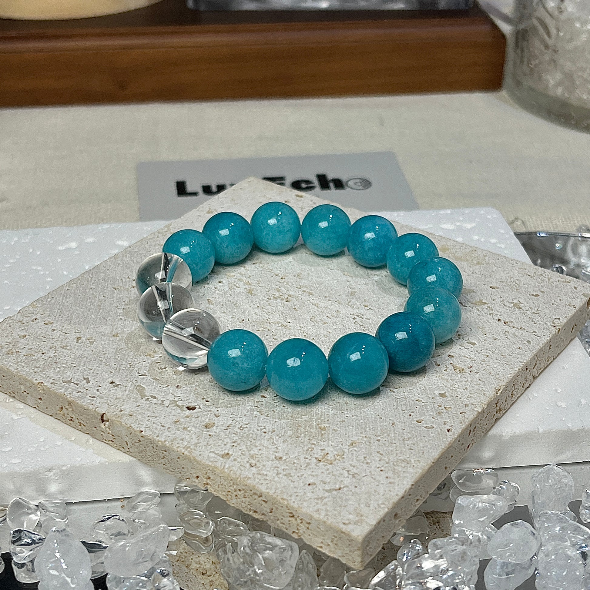 LuvEcho Jewelry Peaceful Intent Bracelet with 12mm Amazonite and three Crystal Quartz beads for focus and clarity.