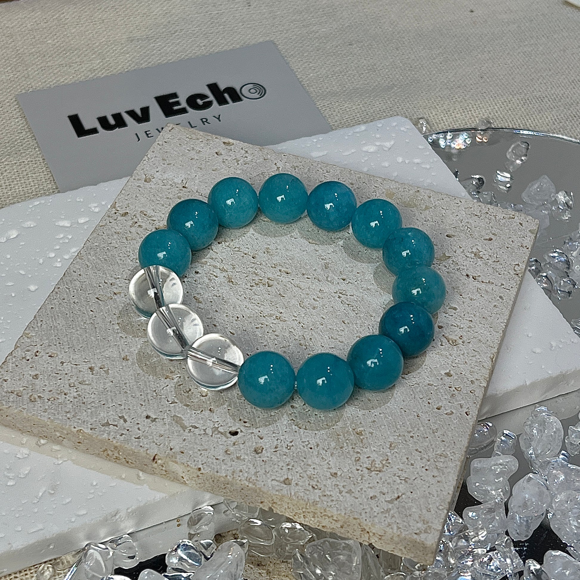 LuvEcho Jewelry bracelet combining Amazonite and Crystal Quartz, promoting peace, clarity, and focus.