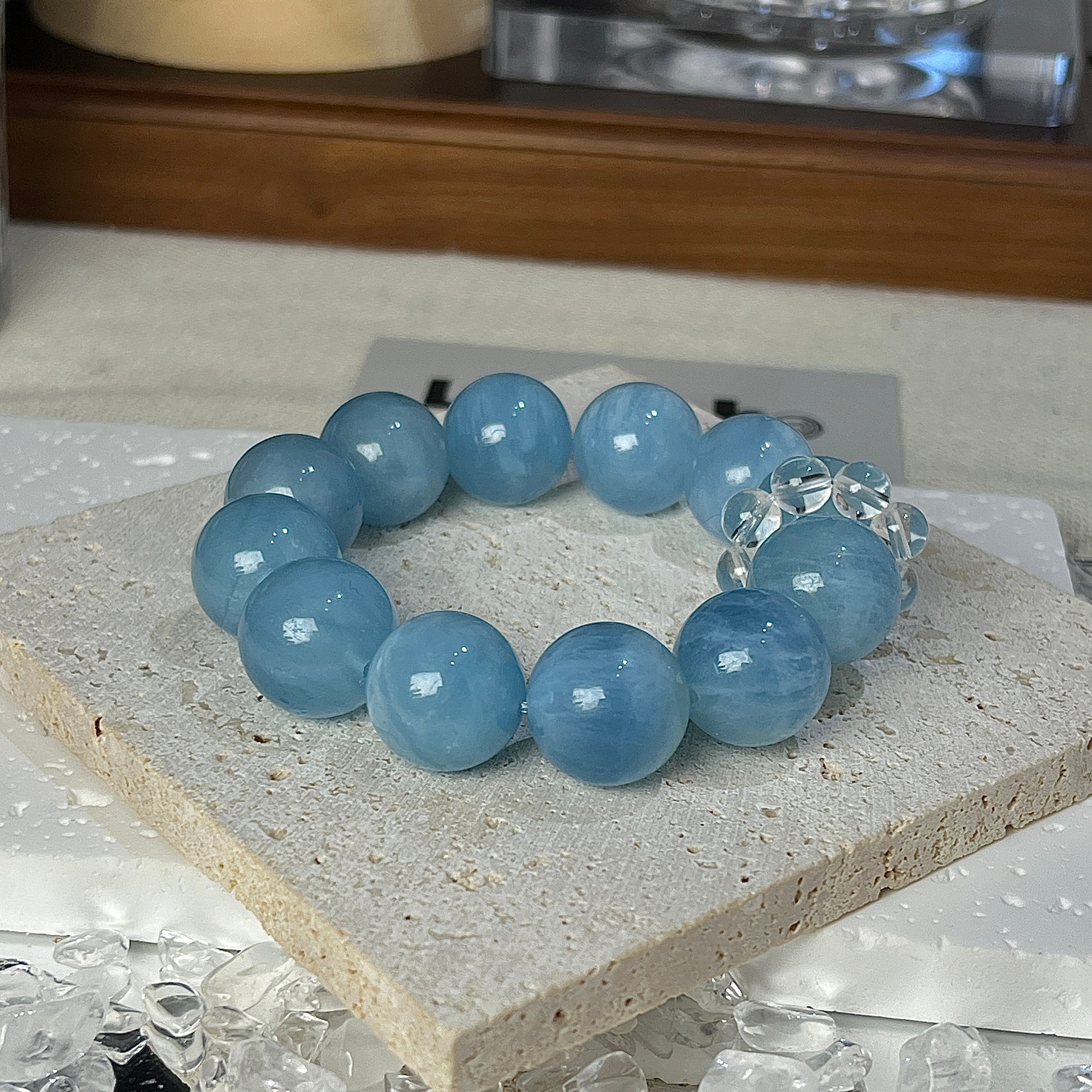 Aqua Glow Bracelet by LuvEcho Jewelry, crafted with Aquamarine and Crystal Quartz for tranquility and focus.