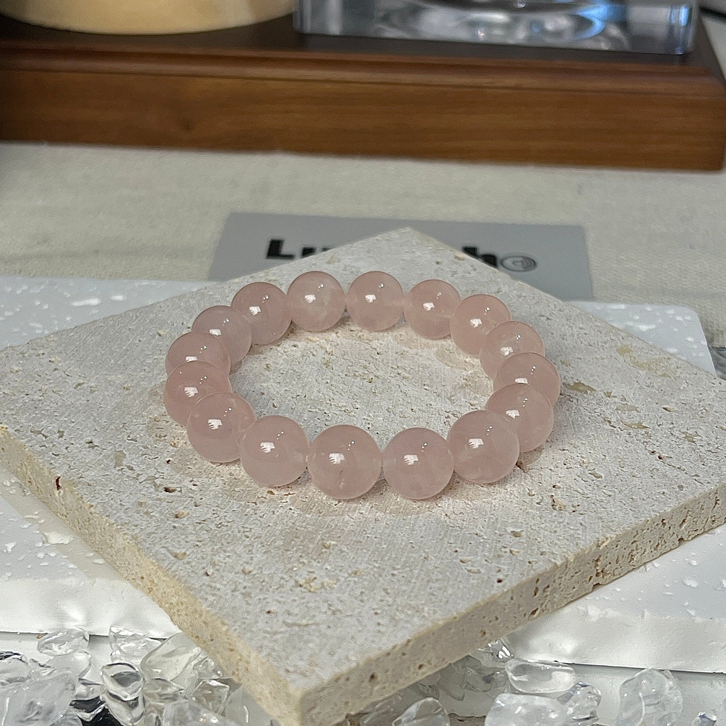 LuvEcho Jewelry's 10mm Madagascar Rose Quartz Bracelet featuring soft pink hues for emotional balance and self-love.