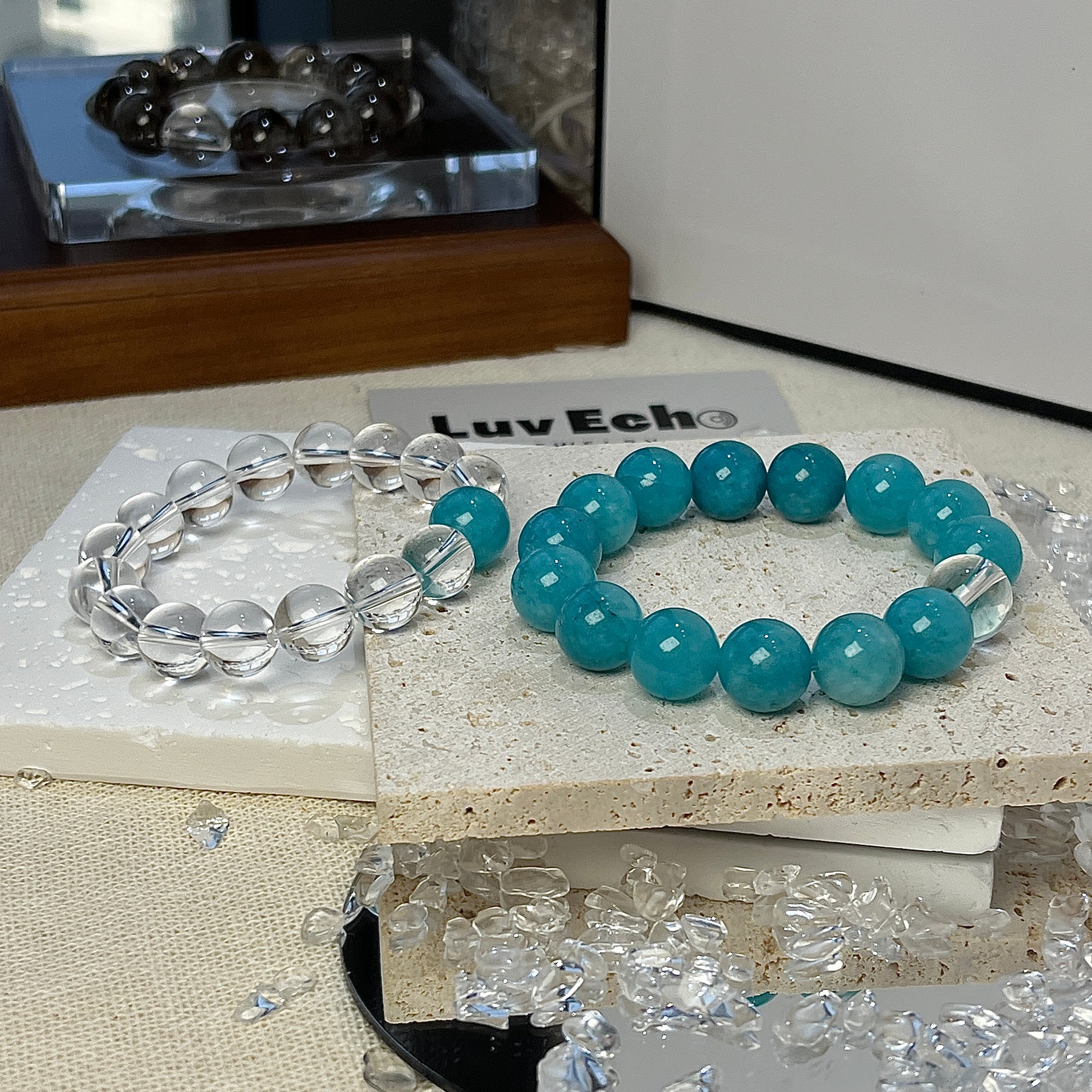 LuvEcho Jewelry Clear Harmony Bracelet Set featuring 12mm Crystal Quartz with Amazonite and an Amazonite bracelet with a Crystal Quartz bead for clarity and balance