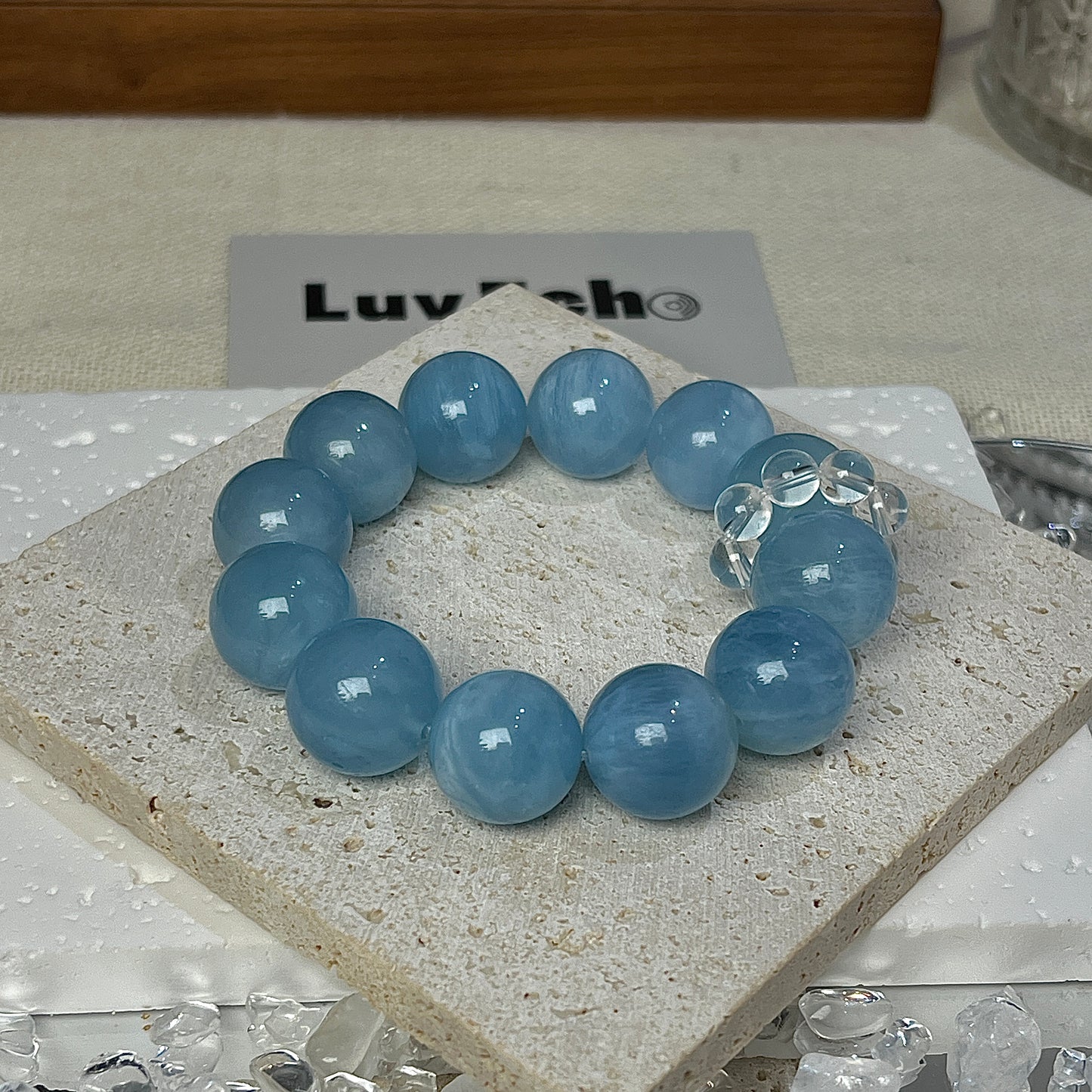 LuvEcho Jewelry Aqua Glow Bracelet with Aquamarine and Crystal Quartz, enhancing tranquility and emotional balance.