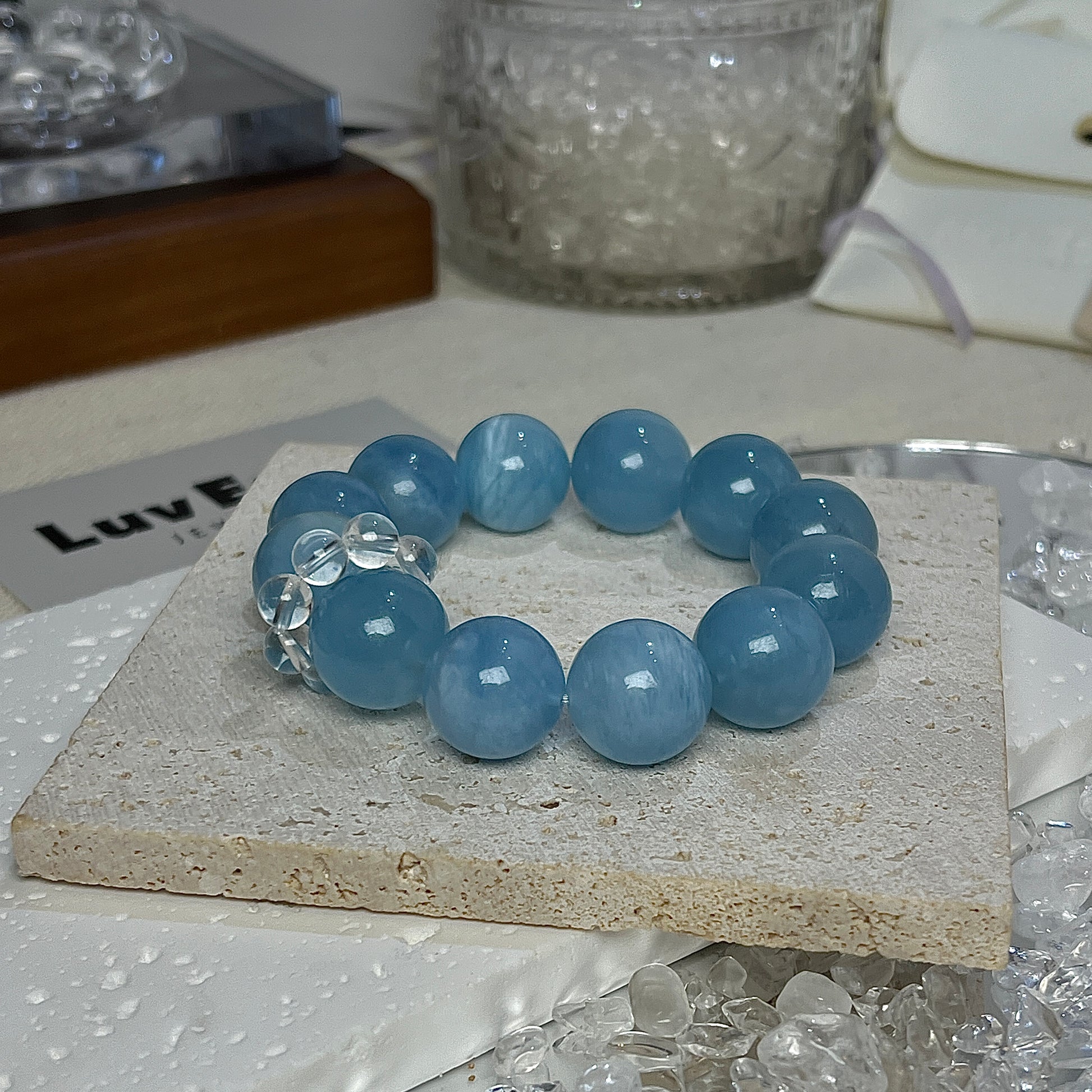 LuvEcho Jewelry Aqua Glow Bracelet showcasing Aquamarine and Crystal Quartz, designed for inner peace and mental clarity.