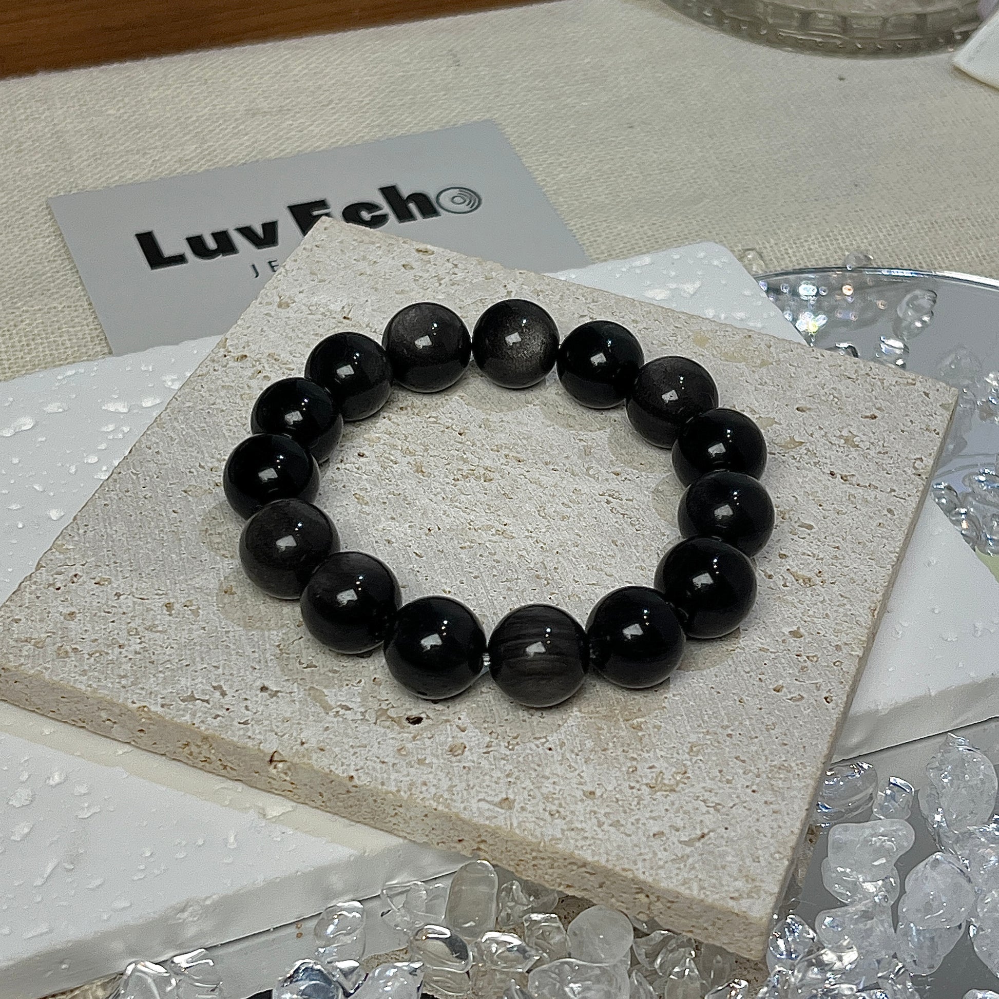 Celestial Shield Bracelet by LuvEcho Jewelry featuring 12mm Silver Sheen Obsidian beads for protection