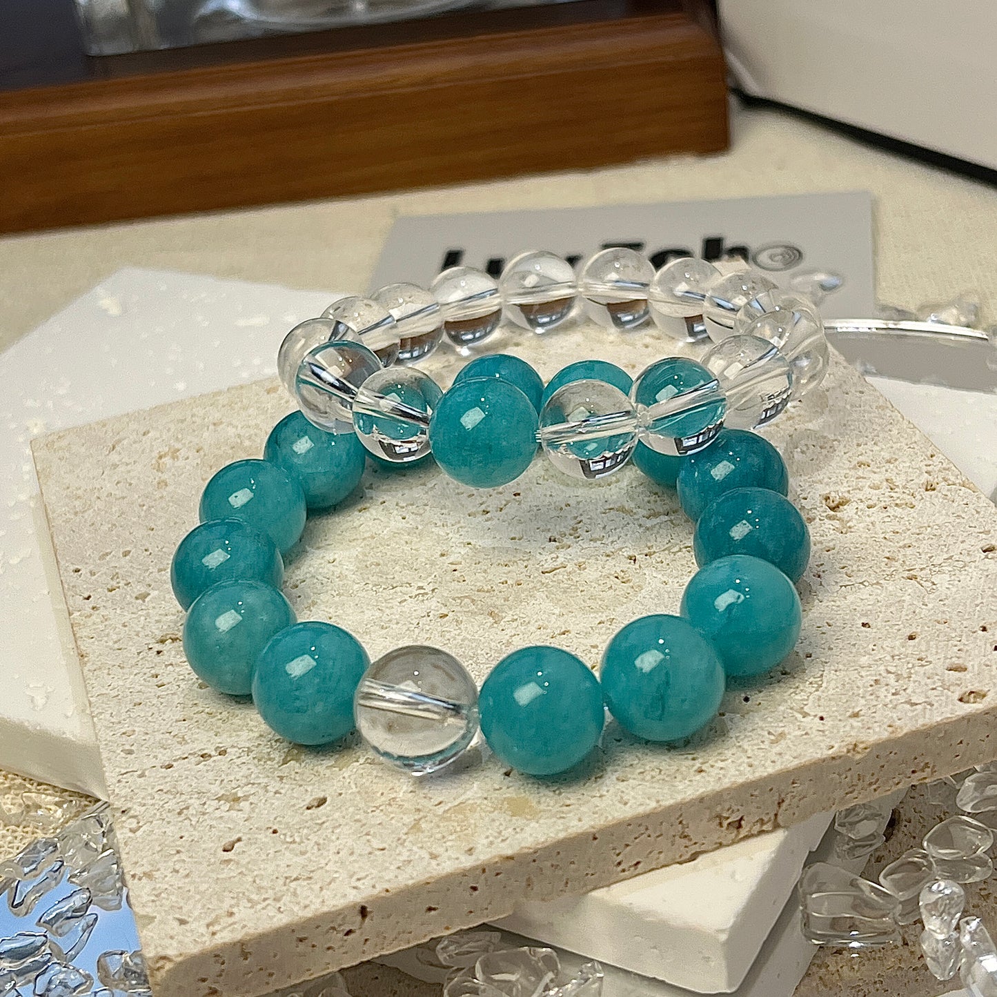 LuvEcho Jewelry Clear Harmony Bracelet Set with Amazonite and Crystal Quartz, balancing clarity, serenity, and emotional well-being