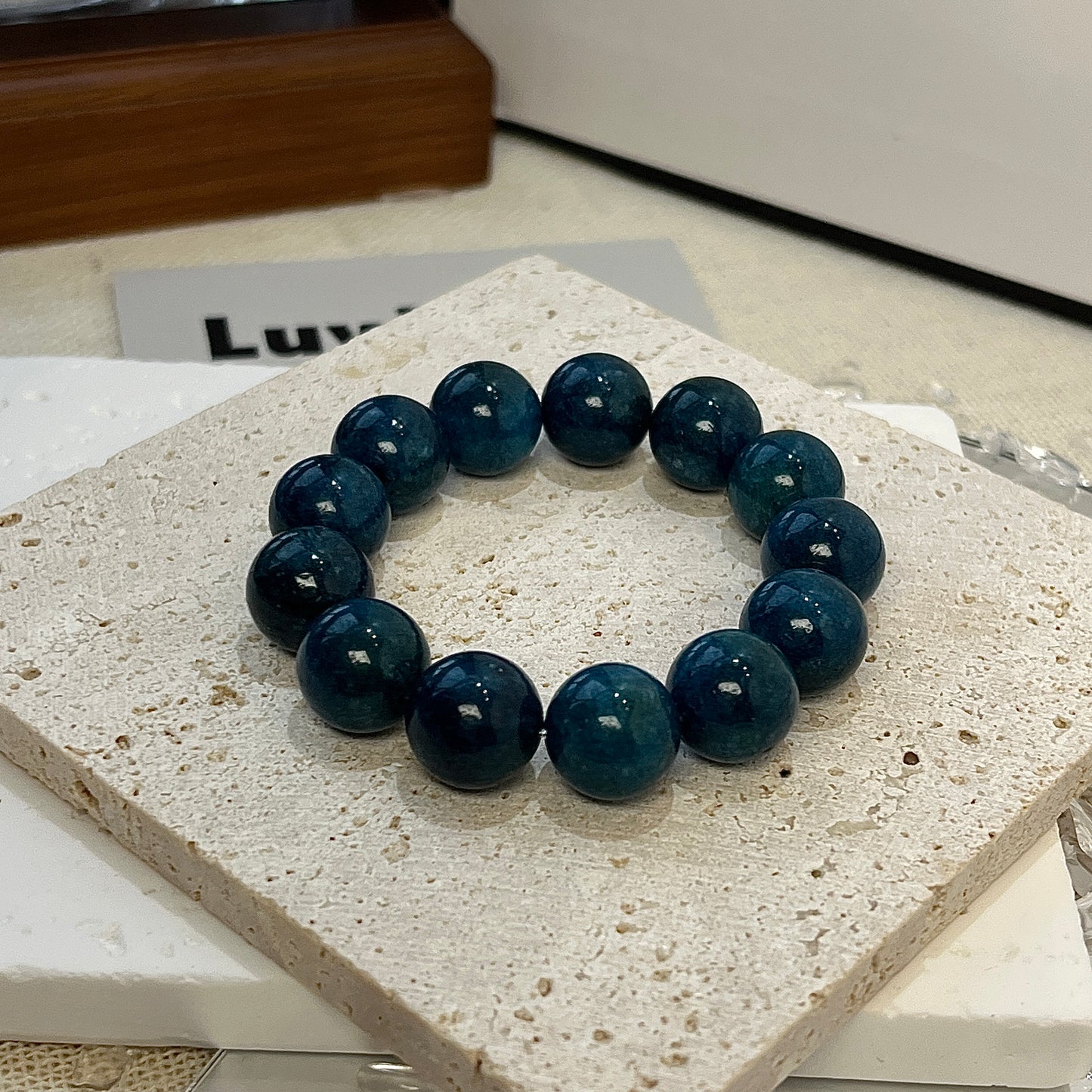 LuvEcho Jewelry Inspiration Wave Bracelet with 12mm Blue Apatite beads designed to stimulate intellectual growth and inspire innovative thinking