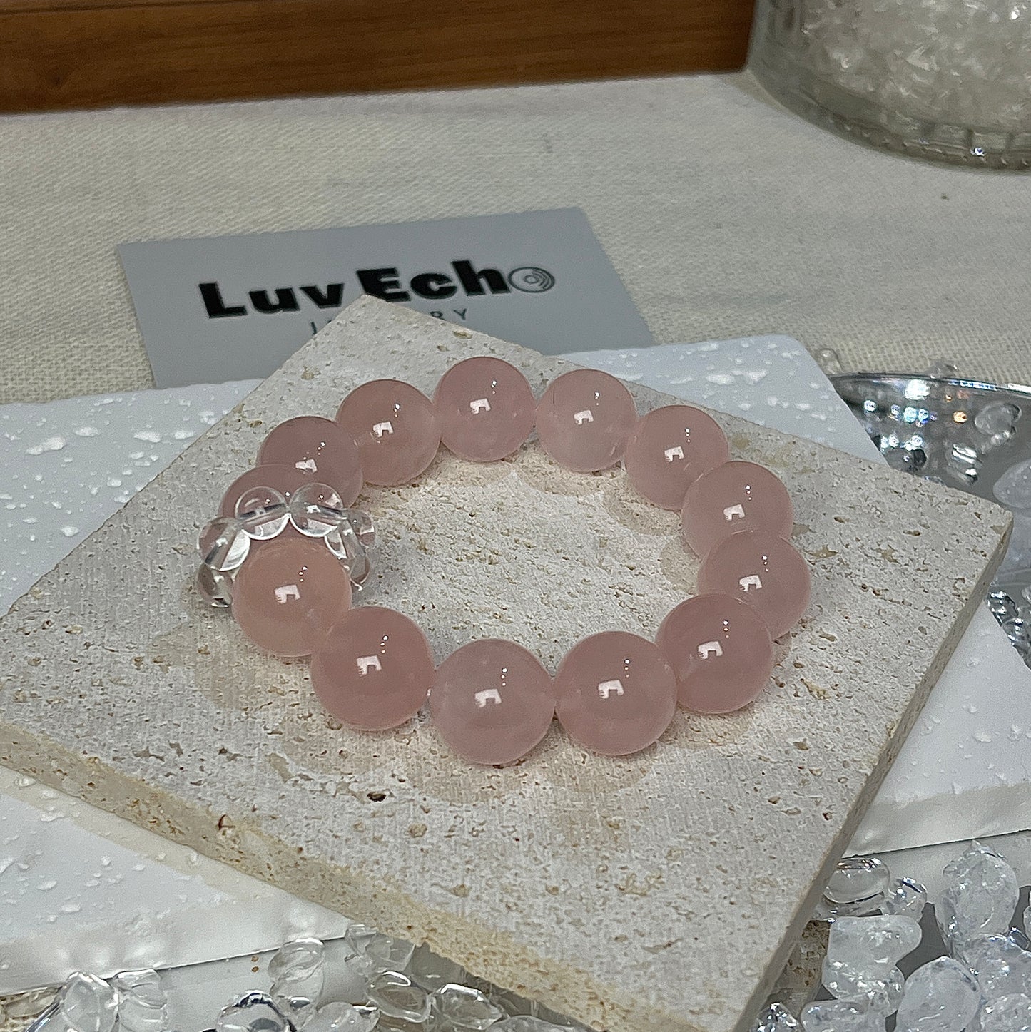 Loving Serenity Bracelet with Rose Quartz and a Crystal Quartz circle band, promoting calm and self-love